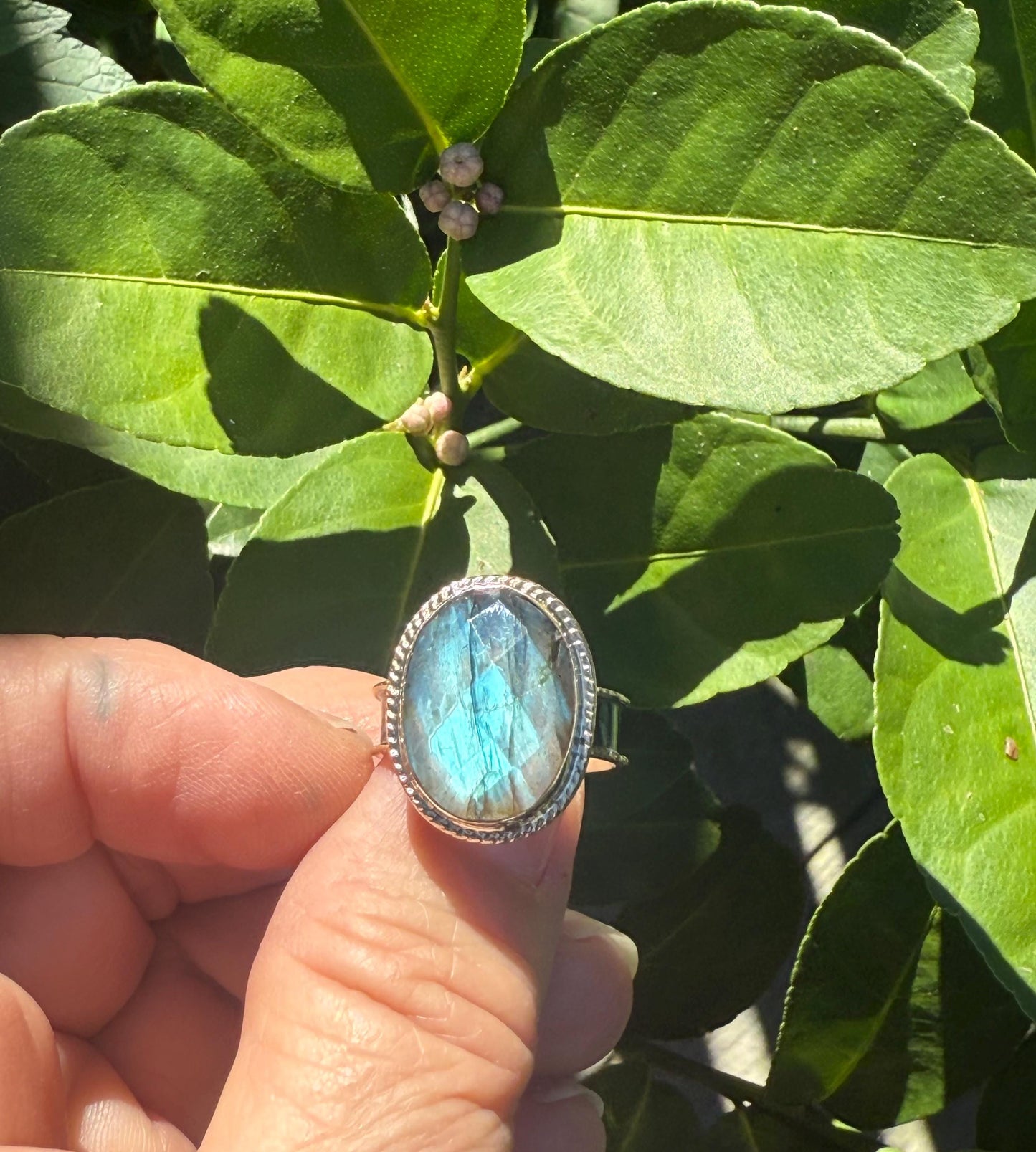 Handmade Labradorite Statement Ring in Sterling Silver and 14k Gold