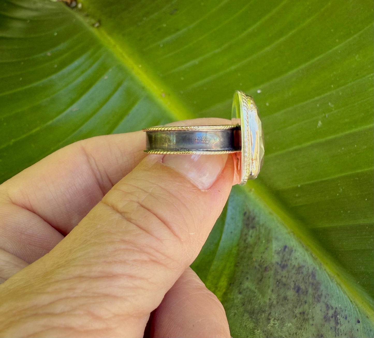 Handmade Labradorite Statement Ring in Sterling Silver and 14k Gold