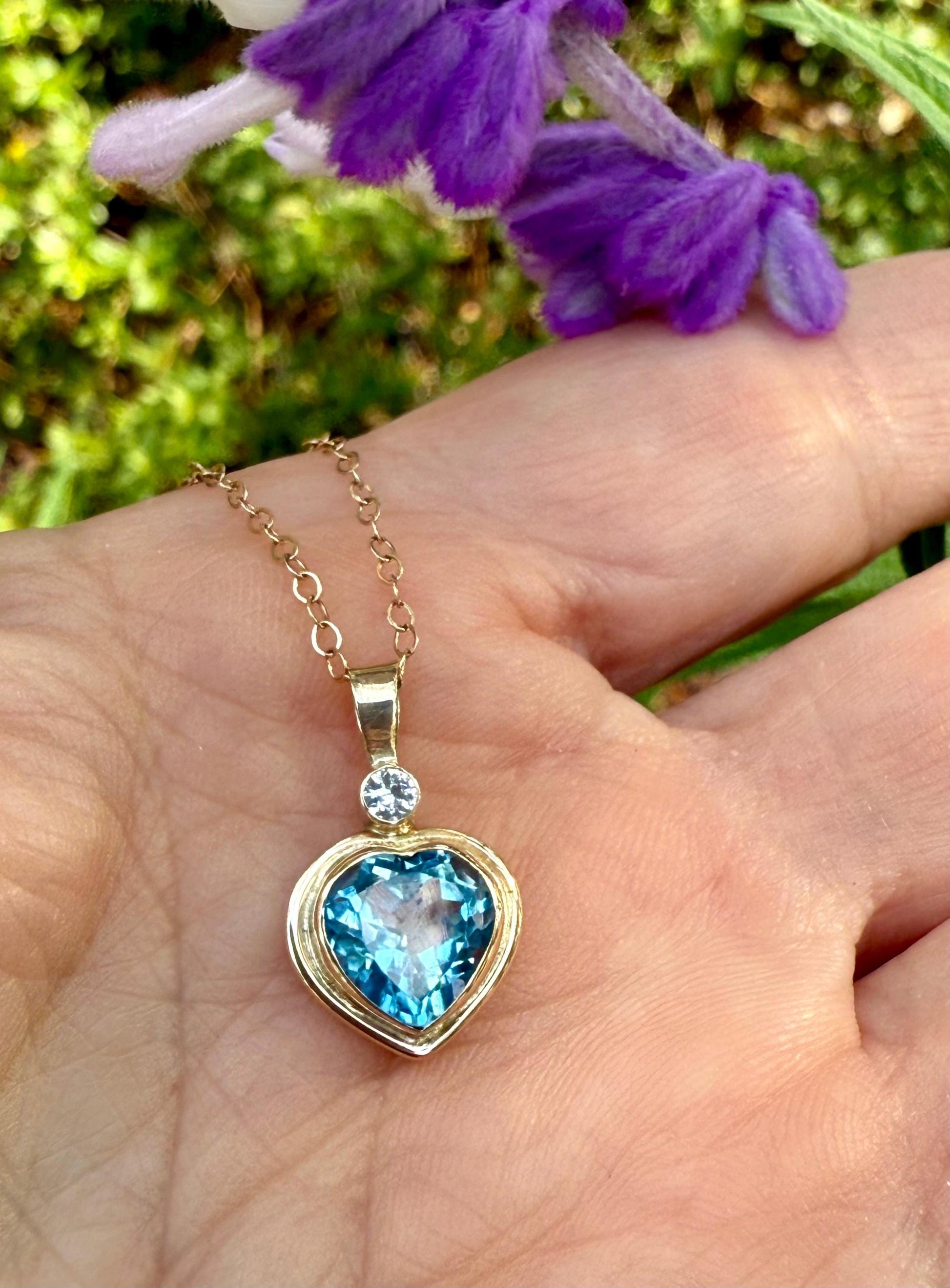 Blue Topaz Heart Pendant with Diamond Accent in 14k Gold
