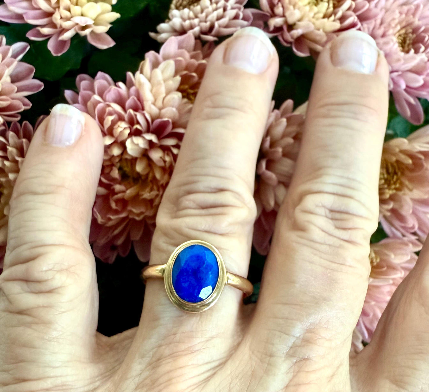 14K Gold Ring Lapis Faceted Natural Blue Lapis Handmade Ring