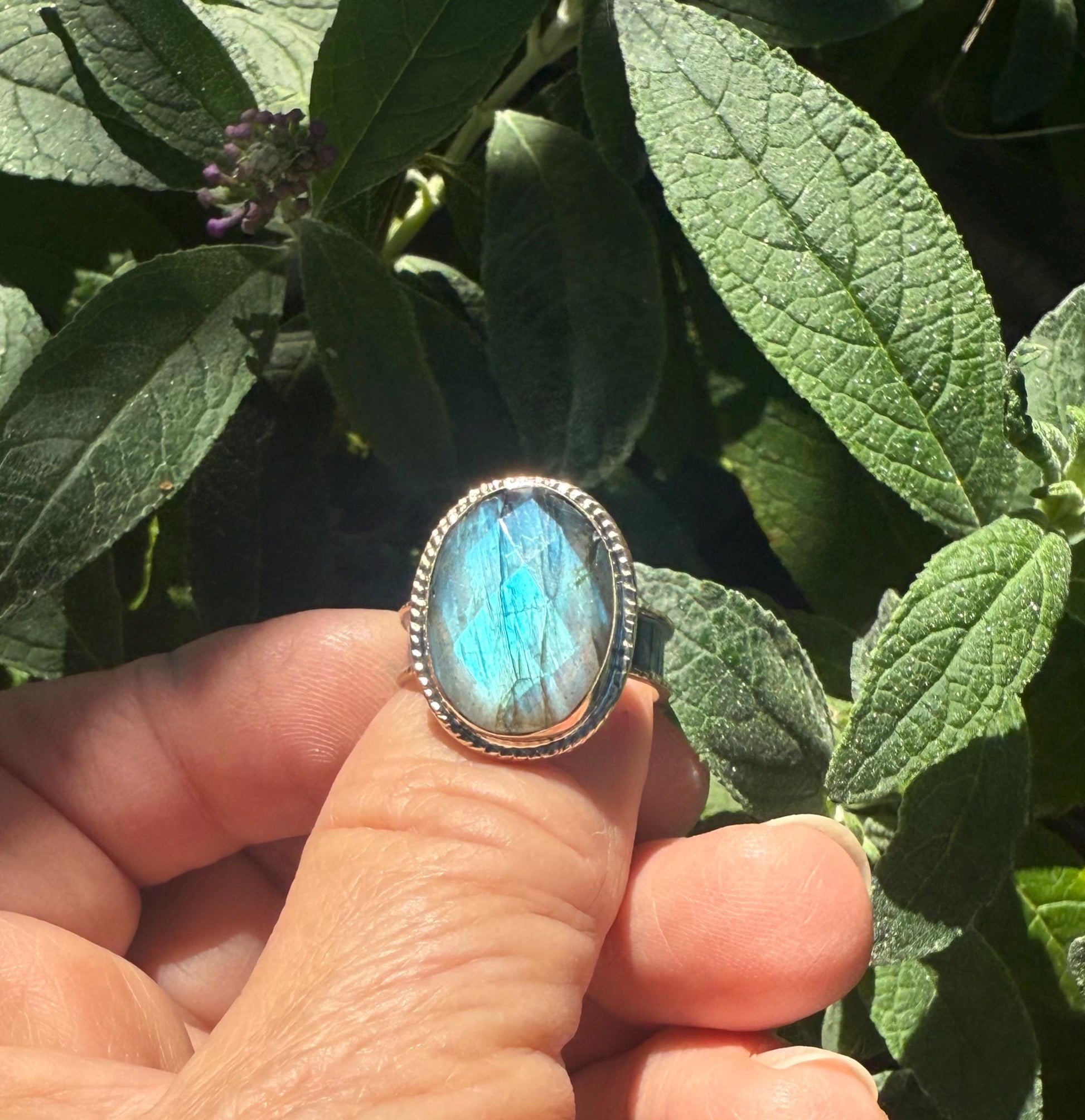 Handmade Labradorite Statement Ring in Sterling Silver and 14k Gold