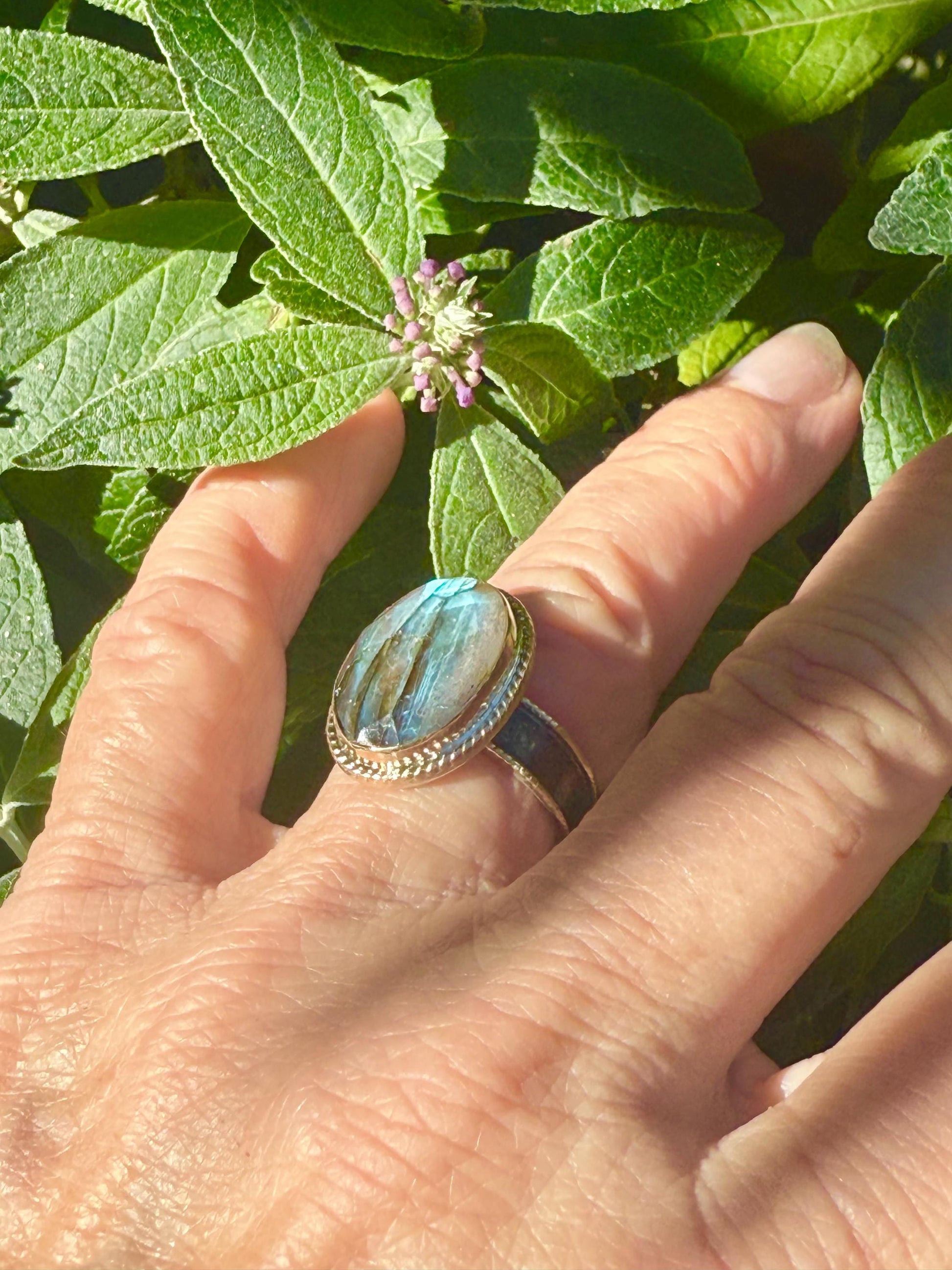 Handmade Labradorite Statement Ring in Sterling Silver and 14k Gold
