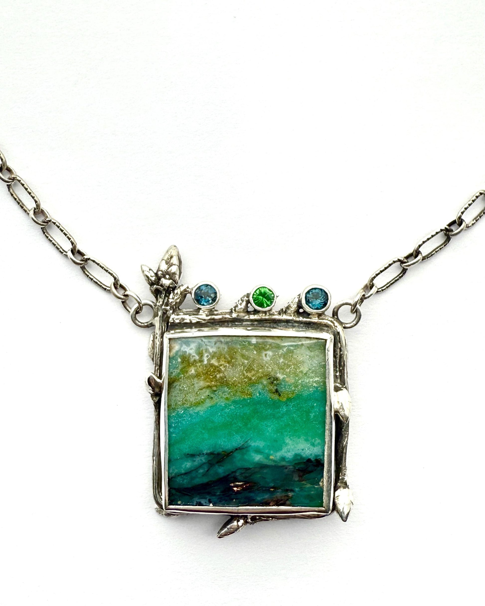 Indonesian Opalized Wood Necklace in Sterling Silver with Blue Topaz and Tsavorite Garnet