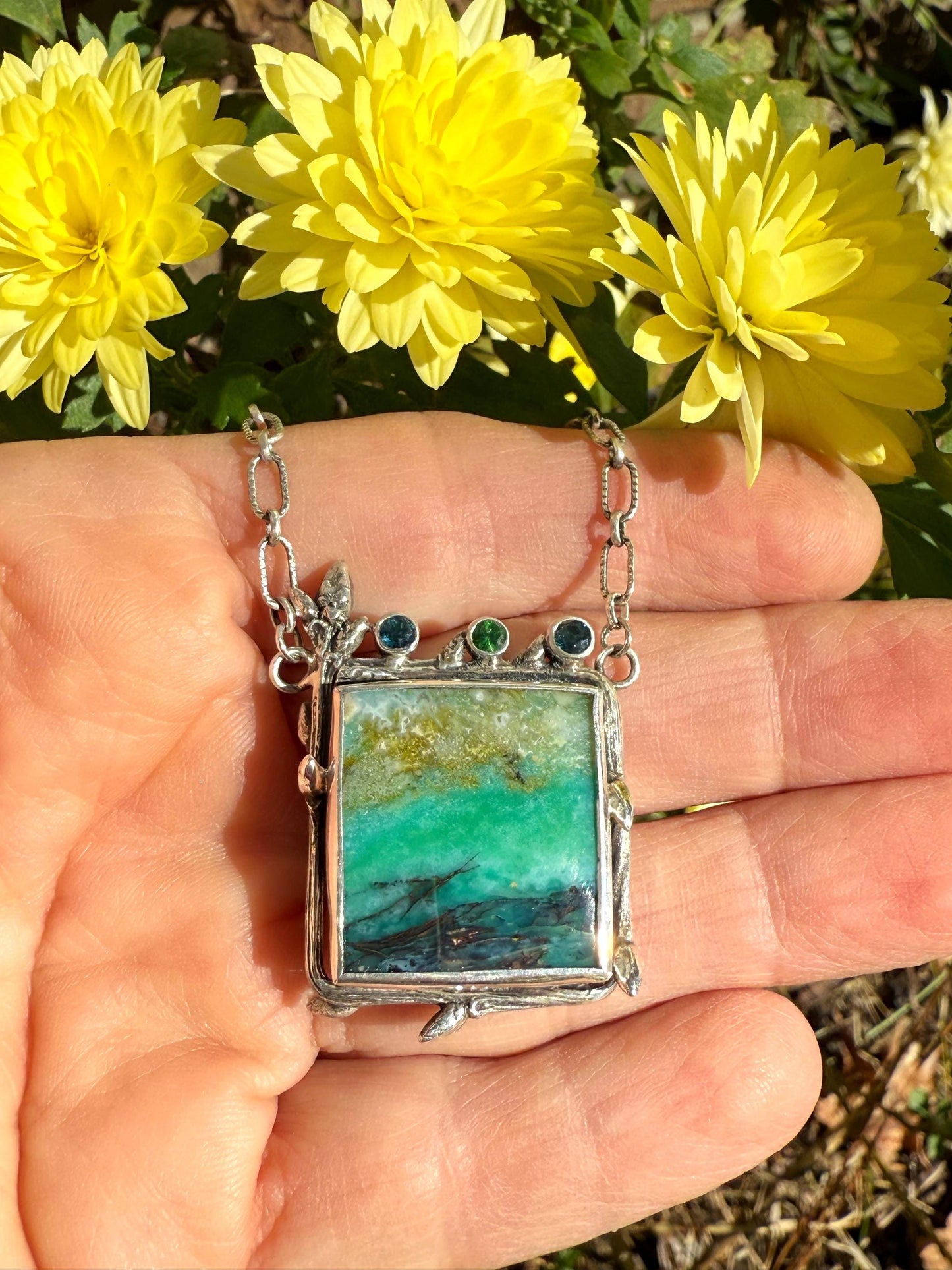 Indonesian Opalized Wood Necklace in Sterling Silver with Blue Topaz and Tsavorite Garnet