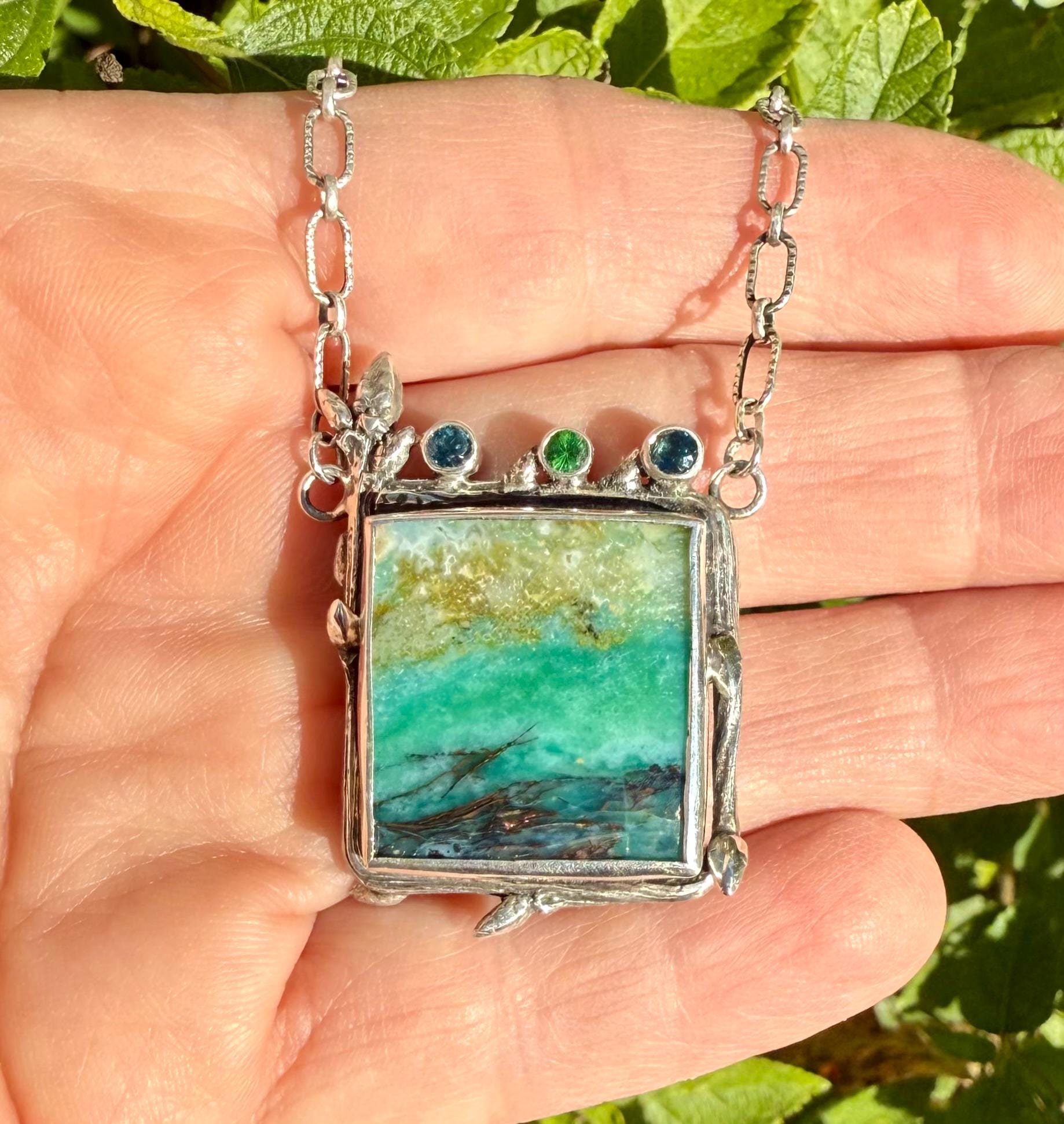 Indonesian Opalized Wood Necklace in Sterling Silver with Blue Topaz and Tsavorite Garnet