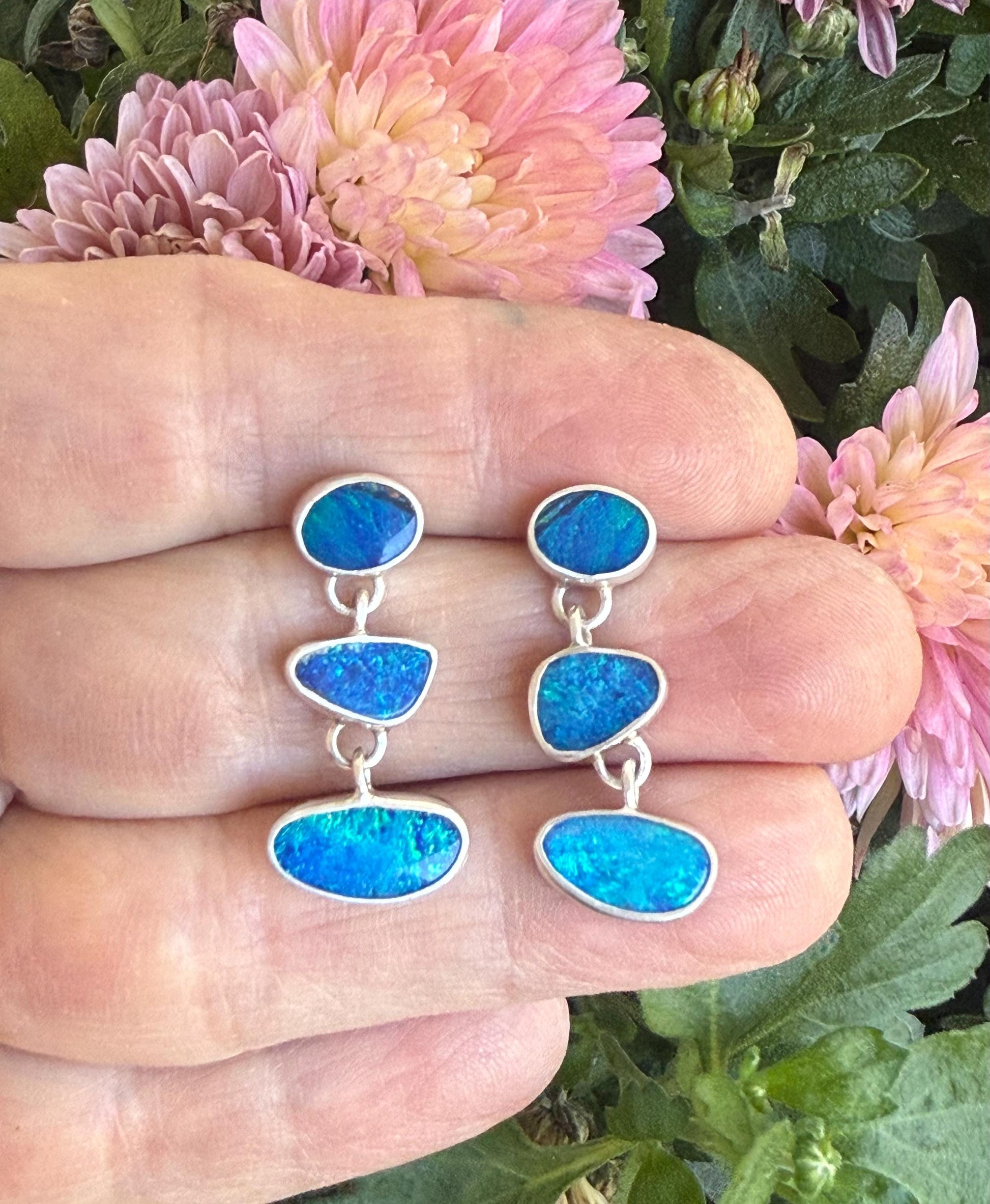 Australian Opal Earrings In Sterling Silver, Blue Stone Dangle Earrings