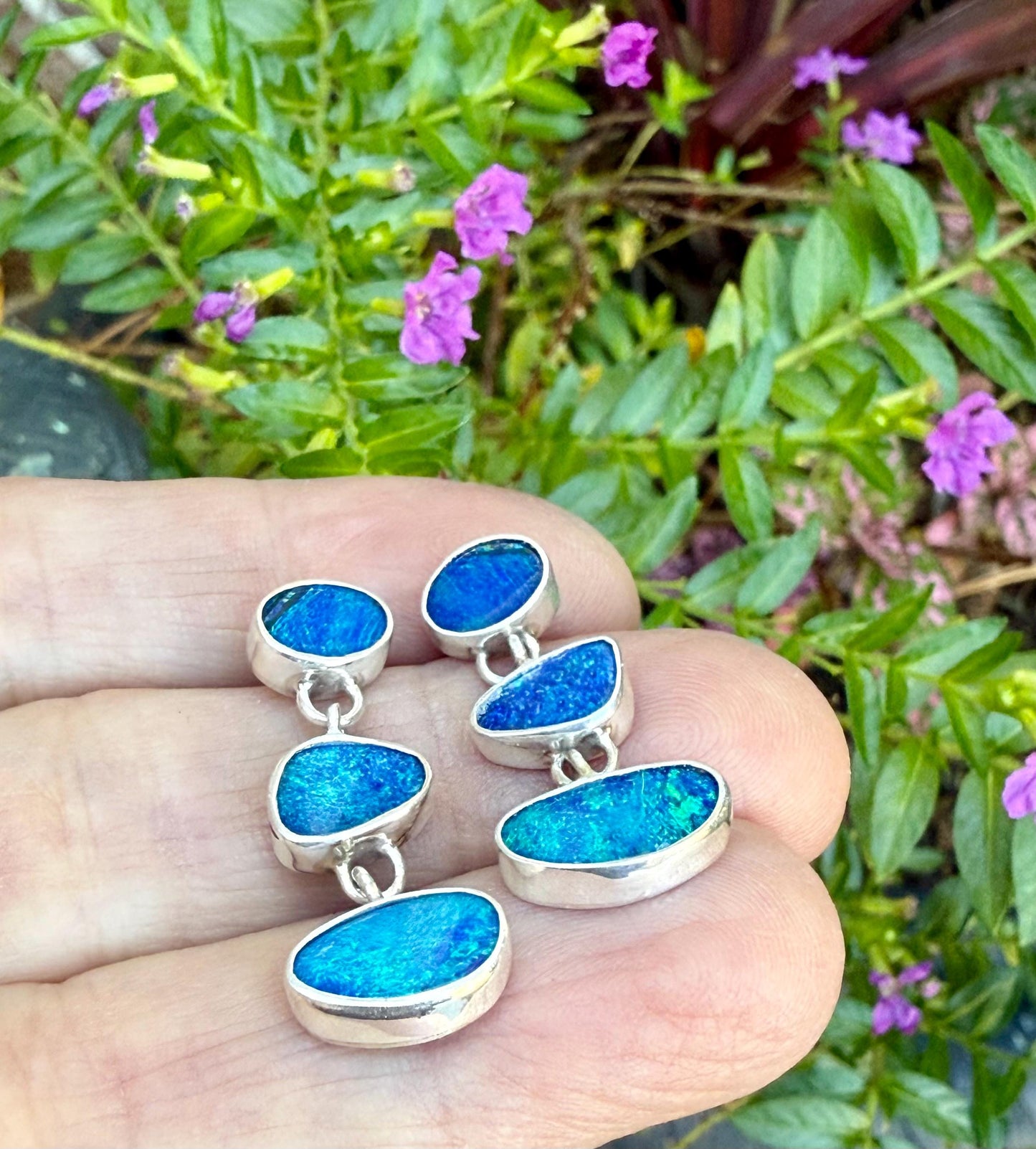 Australian Opal Earrings In Sterling Silver, Blue Stone Dangle Earrings