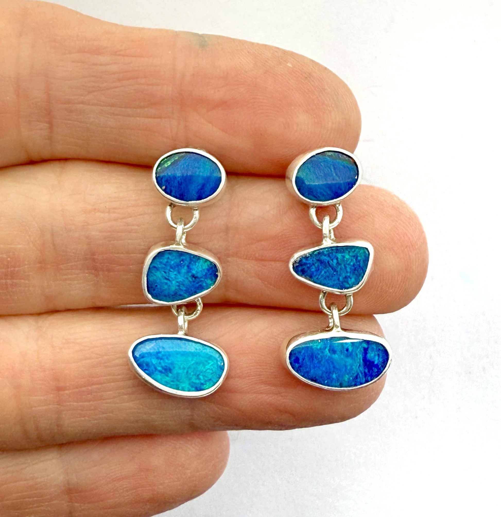 Australian Opal Earrings In Sterling Silver, Blue Stone Dangle Earrings