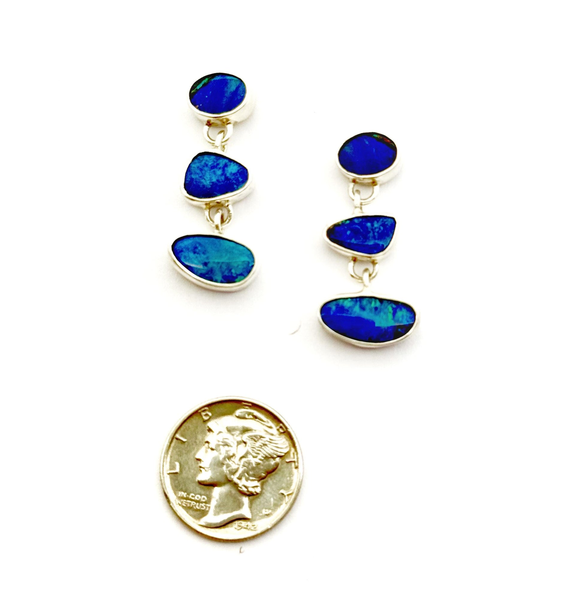 Australian Opal Earrings In Sterling Silver, Blue Stone Dangle Earrings