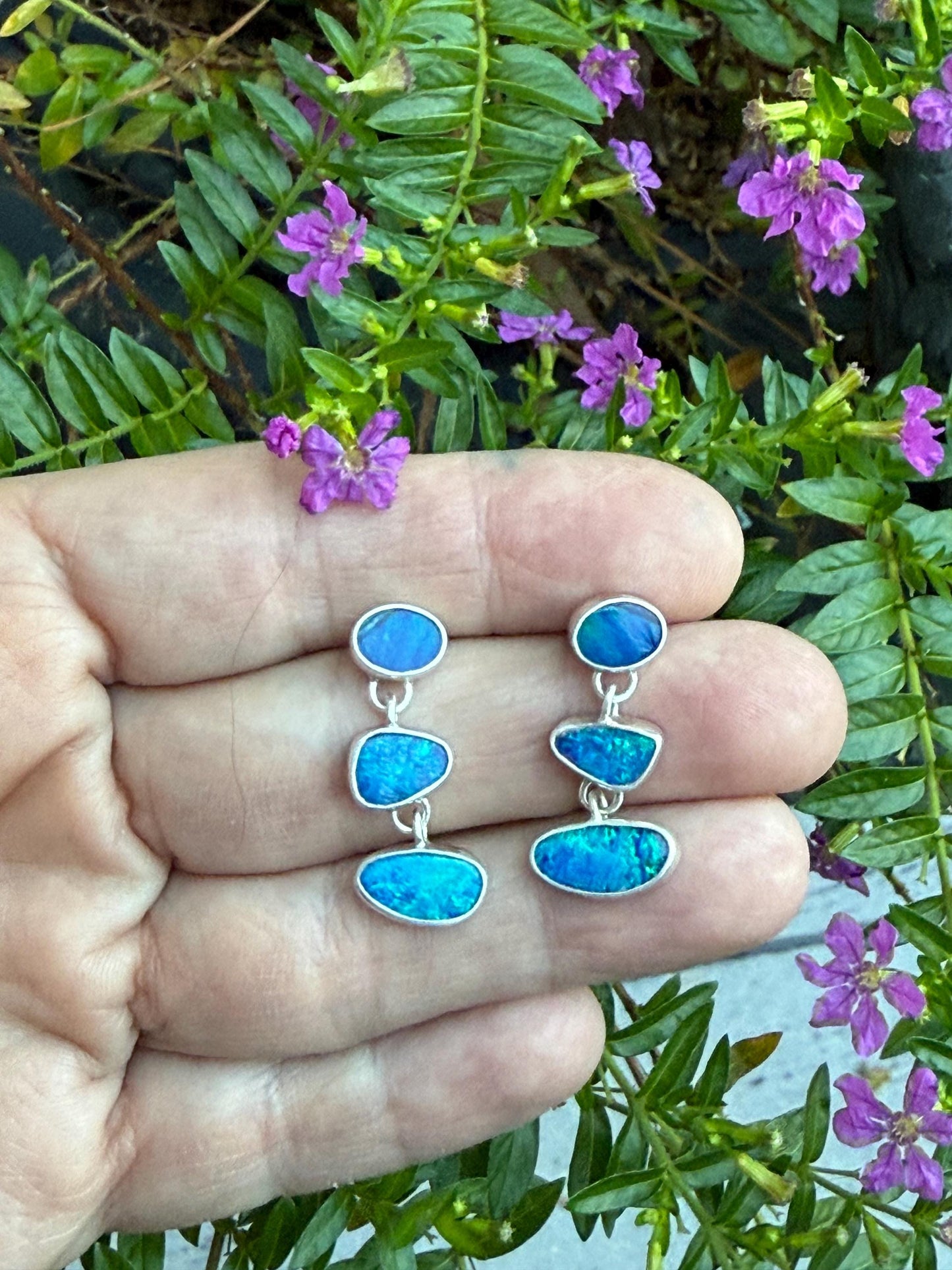 Australian Opal Earrings In Sterling Silver, Blue Stone Dangle Earrings
