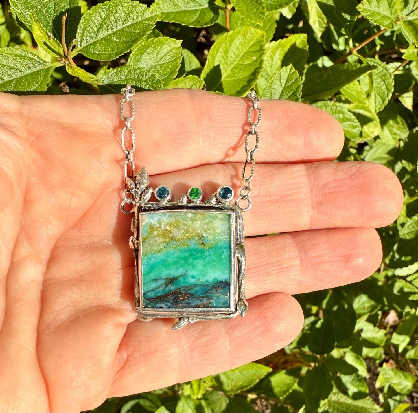 Indonesian Opalized Wood Necklace in Sterling Silver with Blue Topaz and Tsavorite Garnet