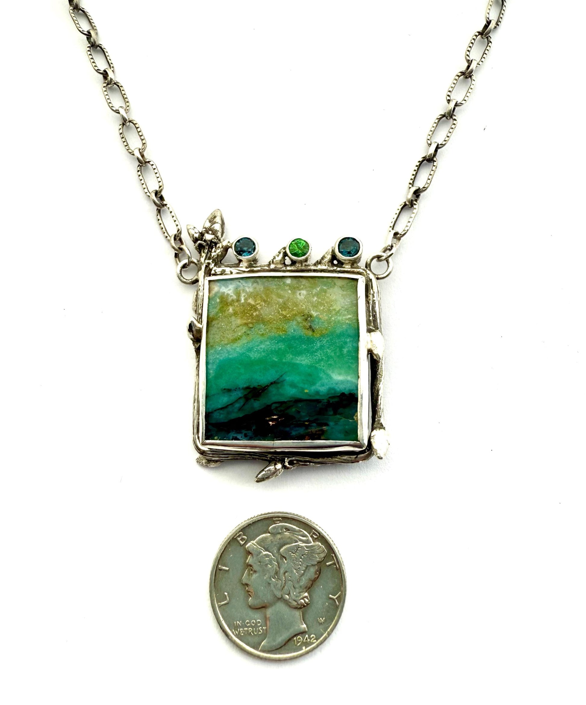 Indonesian Opalized Wood Necklace in Sterling Silver with Blue Topaz and Tsavorite Garnet