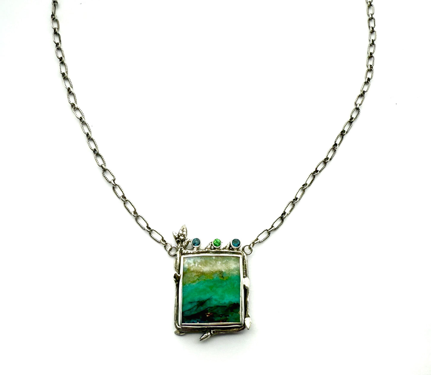 Indonesian Opalized Wood Necklace in Sterling Silver with Blue Topaz and Tsavorite Garnet