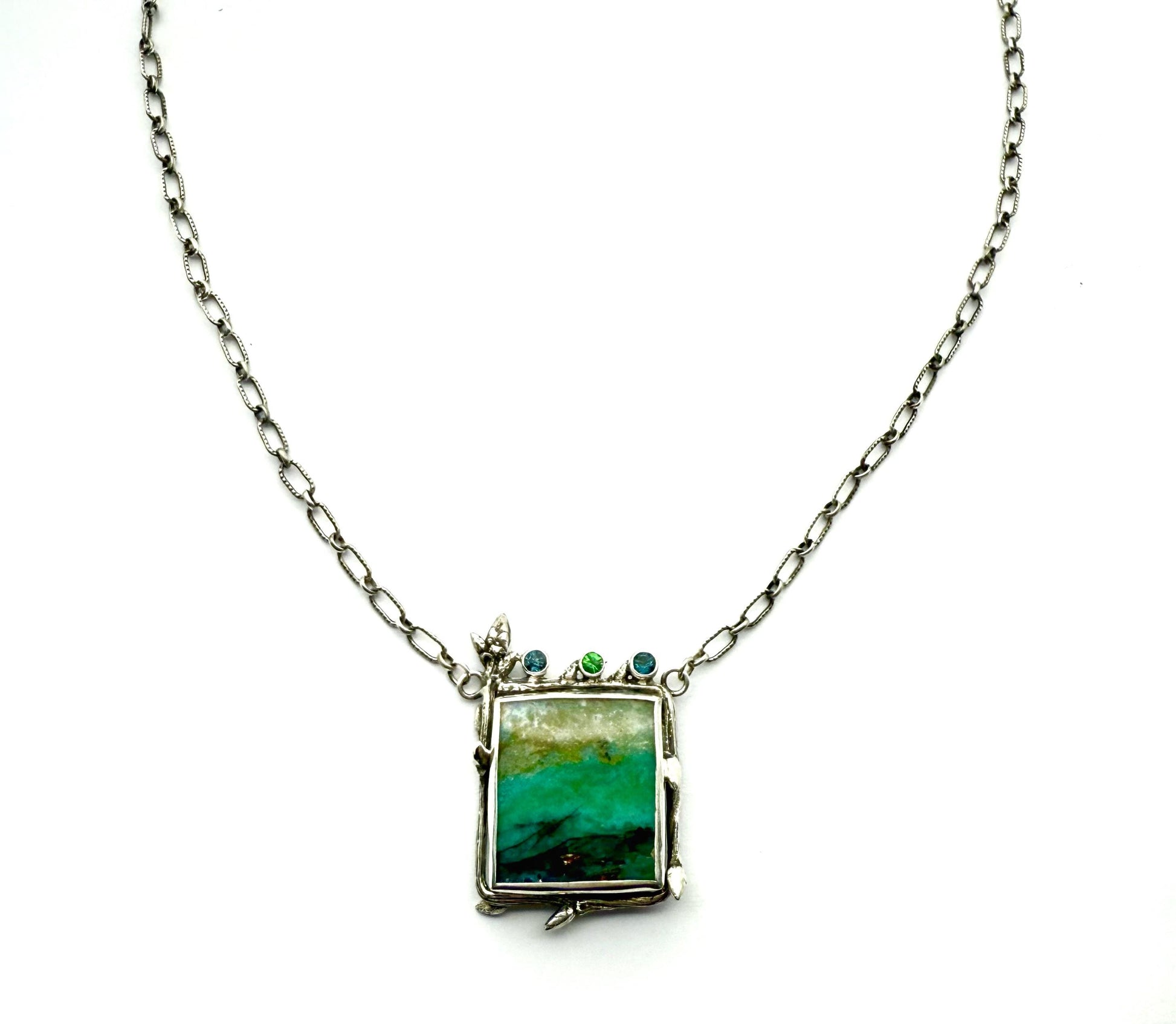 Indonesian Opalized Wood Necklace in Sterling Silver with Blue Topaz and Tsavorite Garnet