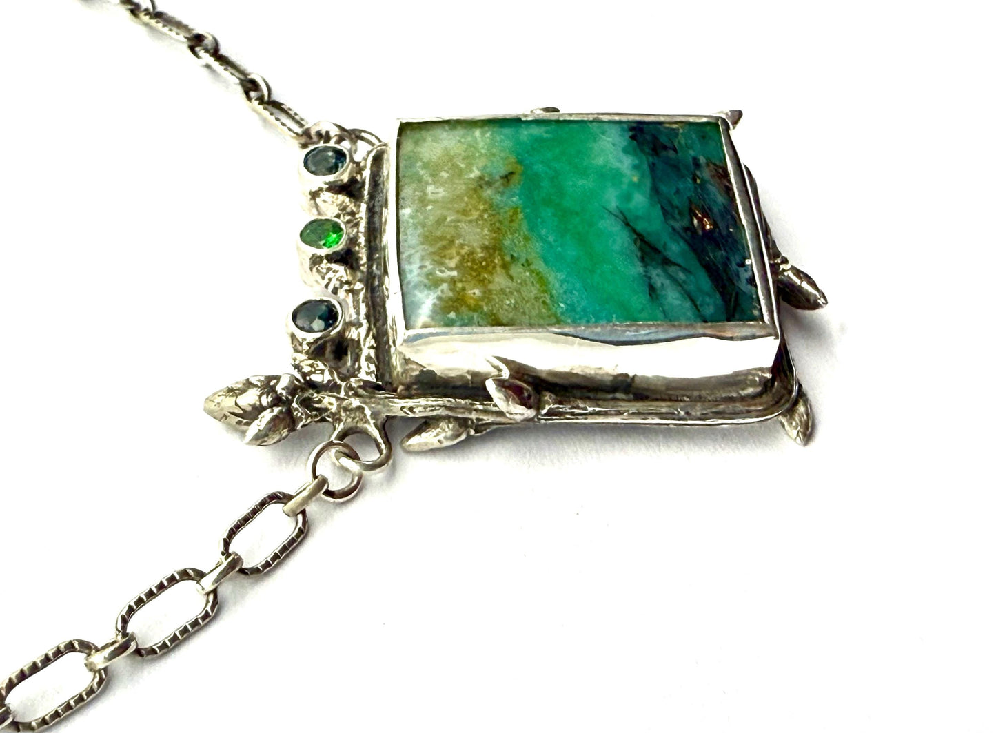 Indonesian Opalized Wood Necklace in Sterling Silver with Blue Topaz and Tsavorite Garnet