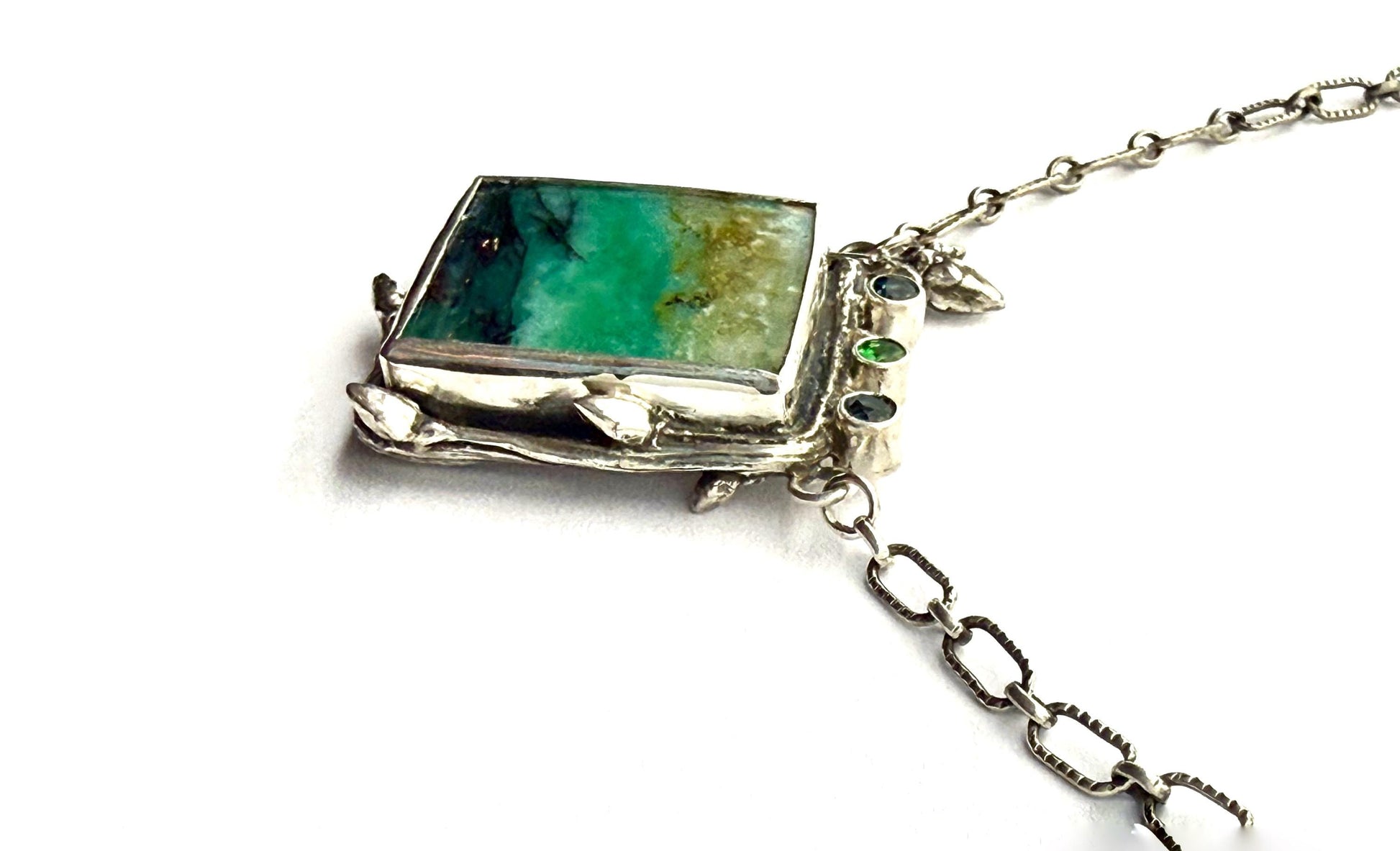 Indonesian Opalized Wood Necklace in Sterling Silver with Blue Topaz and Tsavorite Garnet