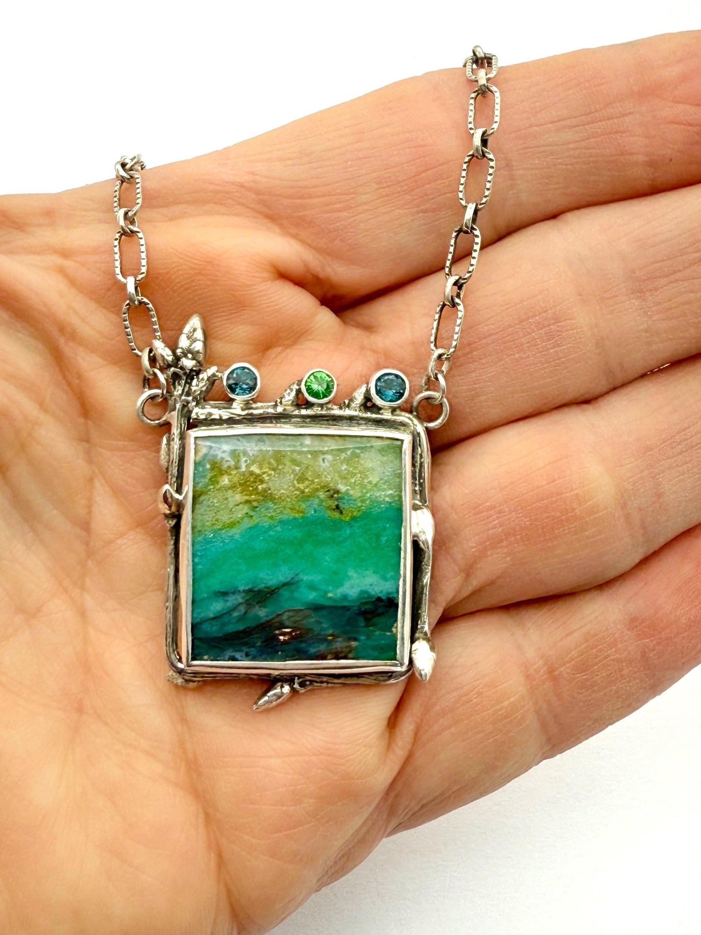 Indonesian Opalized Wood Necklace in Sterling Silver with Blue Topaz and Tsavorite Garnet