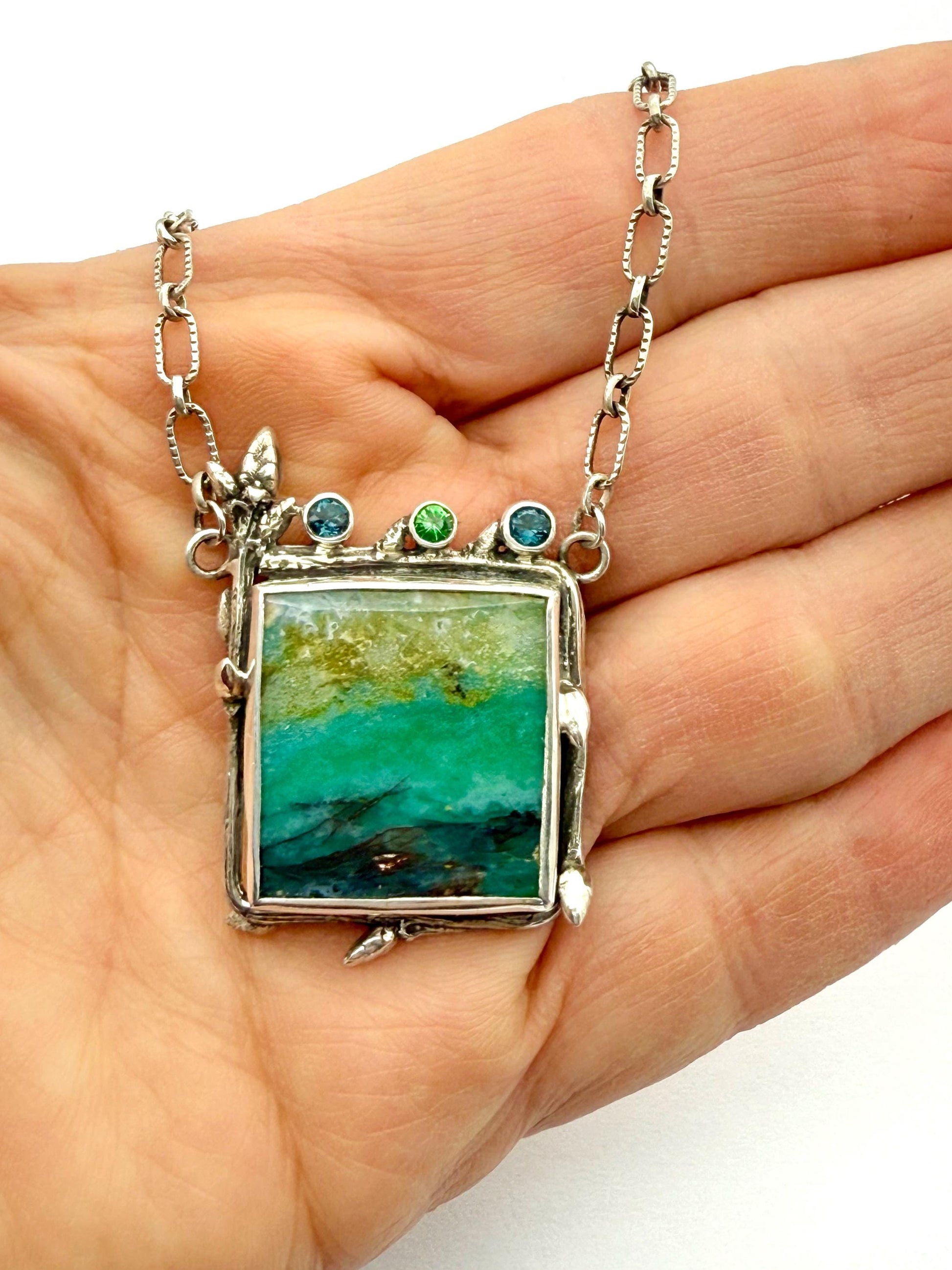 Indonesian Opalized Wood Necklace in Sterling Silver with Blue Topaz and Tsavorite Garnet