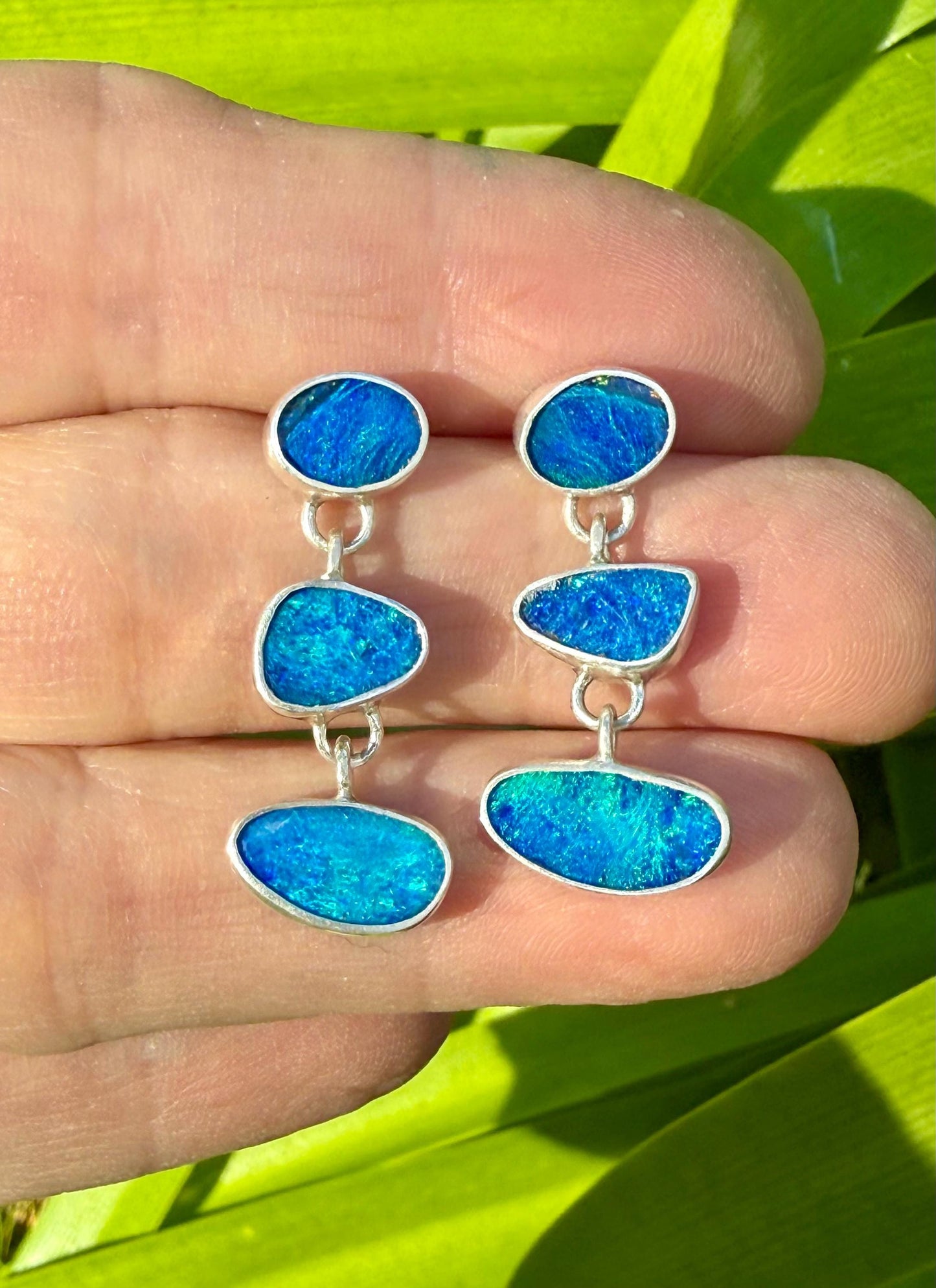 Australian Opal Earrings In Sterling Silver, Blue Stone Dangle Earrings