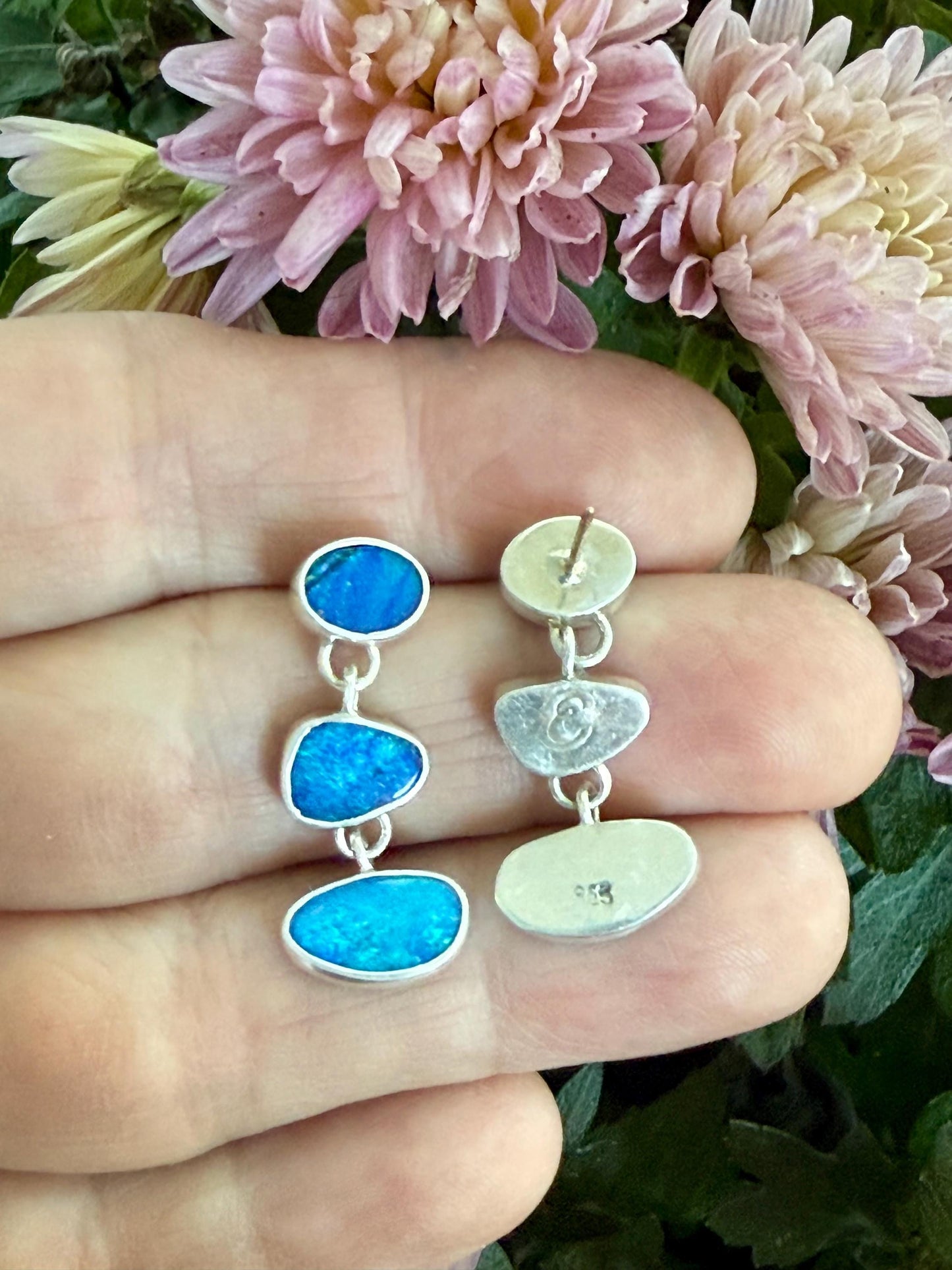 Australian Opal Earrings In Sterling Silver, Blue Stone Dangle Earrings