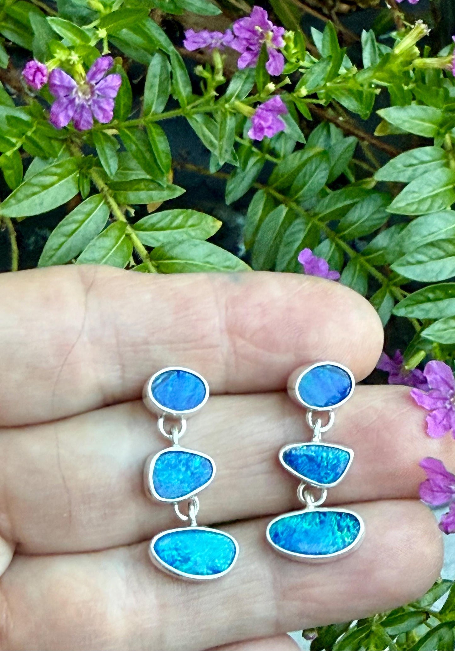 Australian Opal Earrings In Sterling Silver, Blue Stone Dangle Earrings