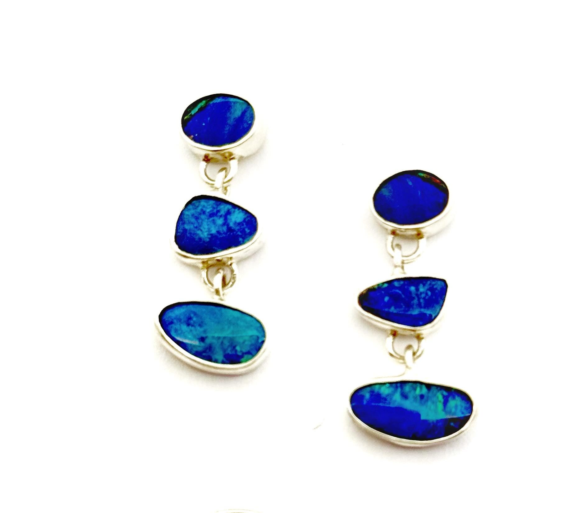 Australian Opal Earrings In Sterling Silver, Blue Stone Dangle Earrings