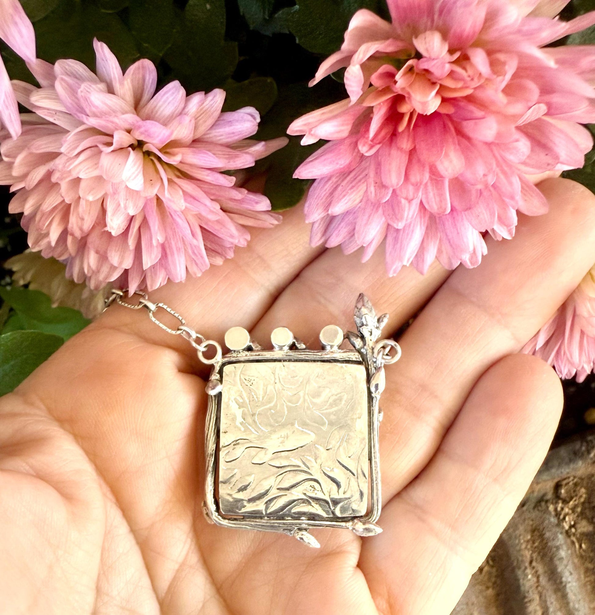 Indonesian Opalized Wood Necklace in Sterling Silver with Blue Topaz and Tsavorite Garnet