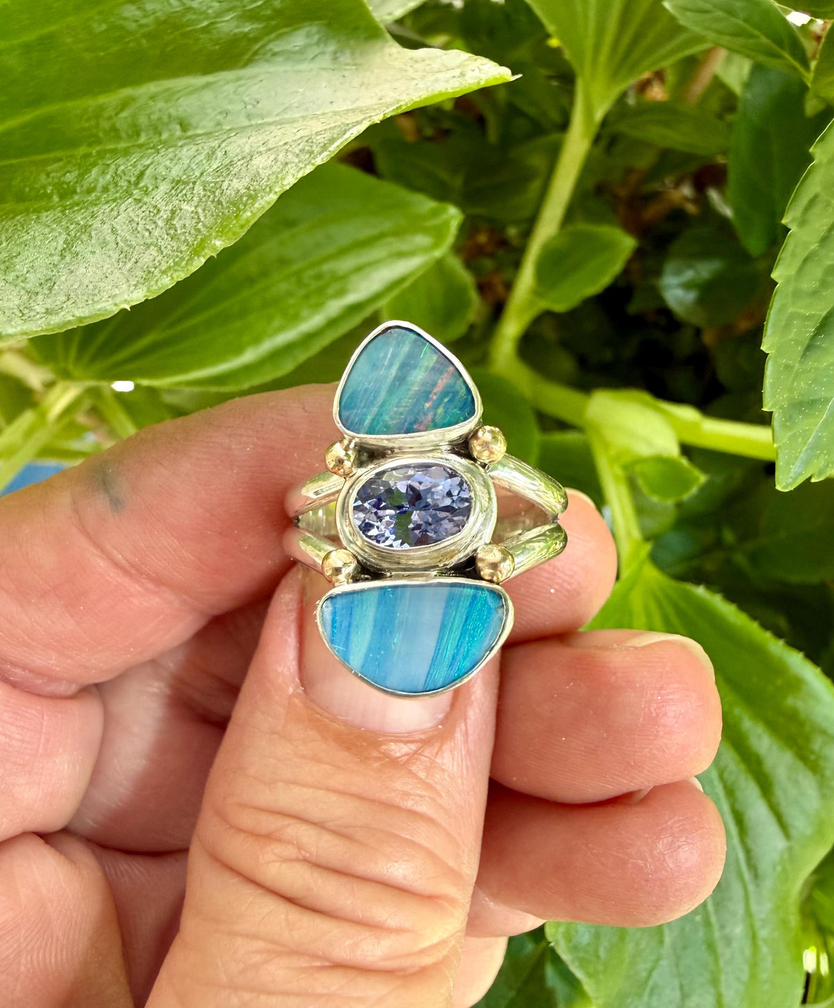Australian Opal and Tanzanite Ring
