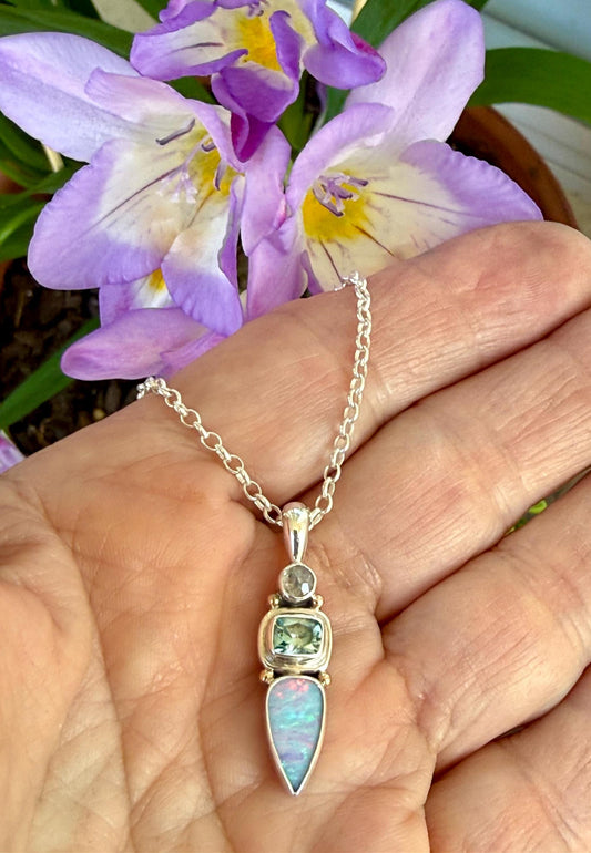 Australian Opal, Aquamarine and Diamond Pendant in Sterling Silver