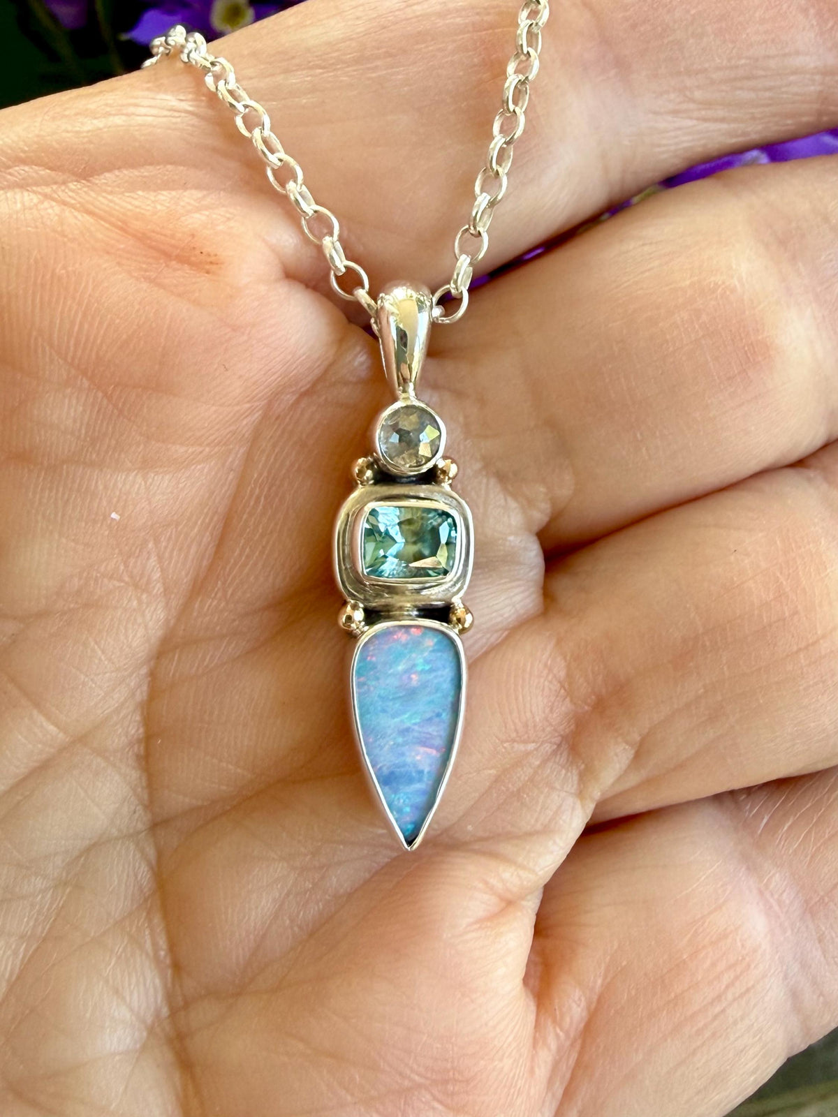 Australian Opal, Aquamarine and Diamond Pendant in Sterling Silver