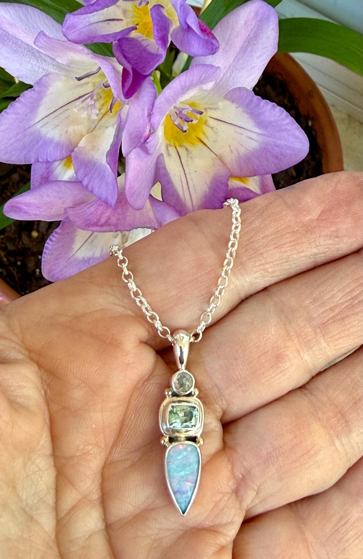 Australian Opal, Aquamarine and Diamond Pendant in Sterling Silver