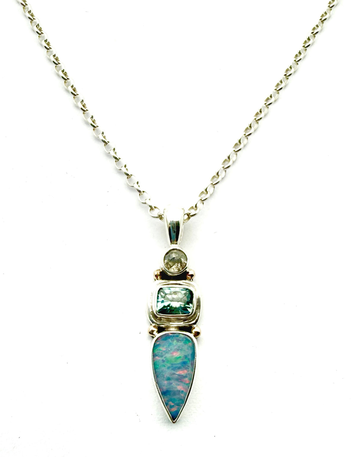 Australian Opal, Aquamarine and Diamond Pendant in Sterling Silver
