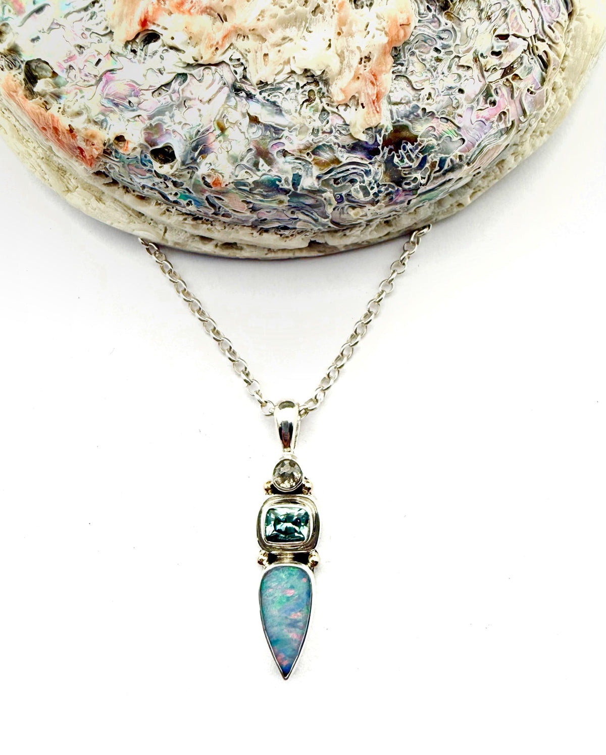 Australian Opal, Aquamarine and Diamond Pendant in Sterling Silver