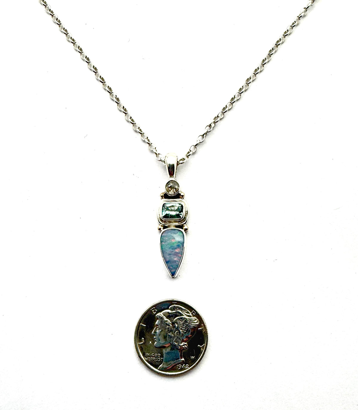 Australian Opal, Aquamarine and Diamond Pendant in Sterling Silver