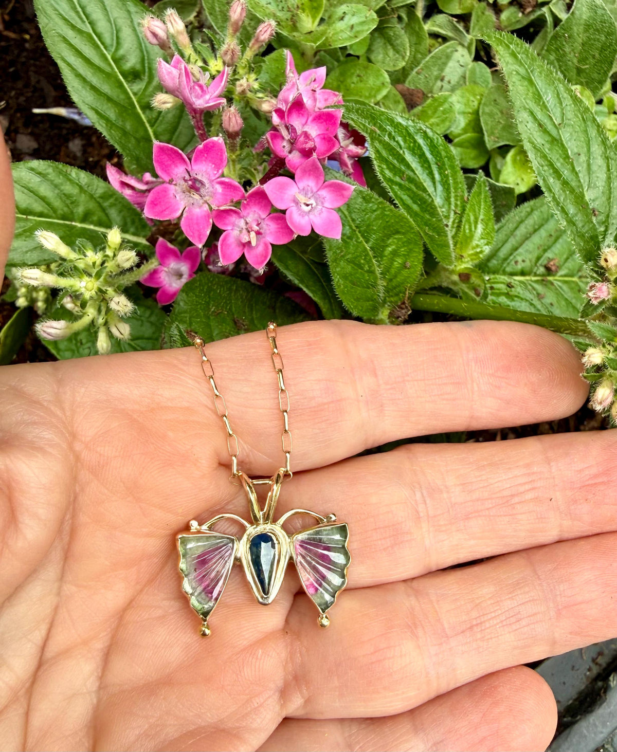 Watermelon Tourmaline Butterfly in 14k Gold and Sterling Silver