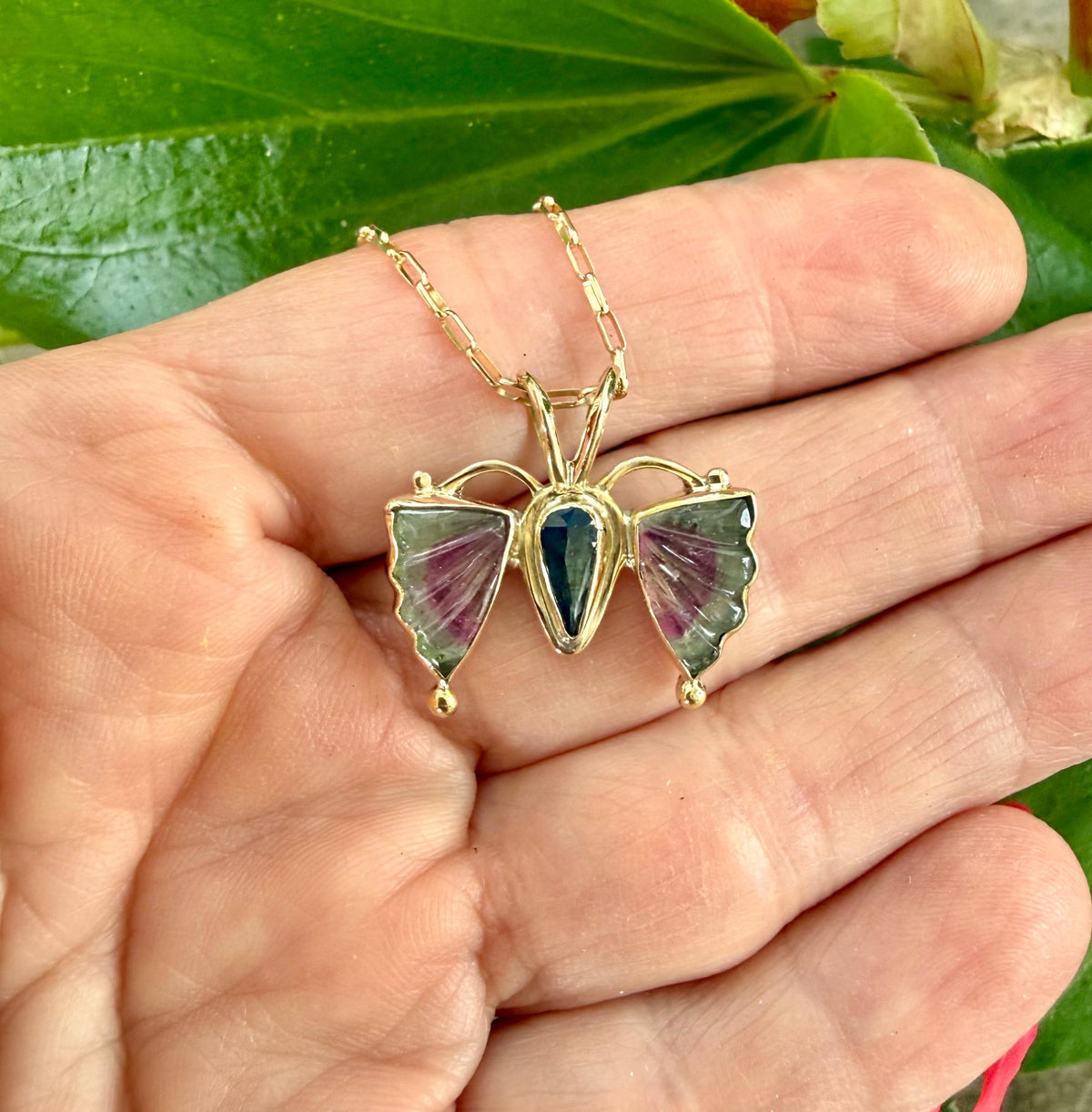 Watermelon Tourmaline Butterfly in 14k Gold and Sterling Silver