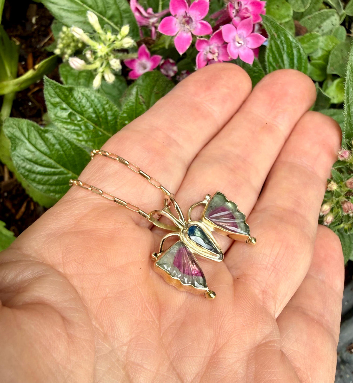 Watermelon Tourmaline Butterfly in 14k Gold and Sterling Silver