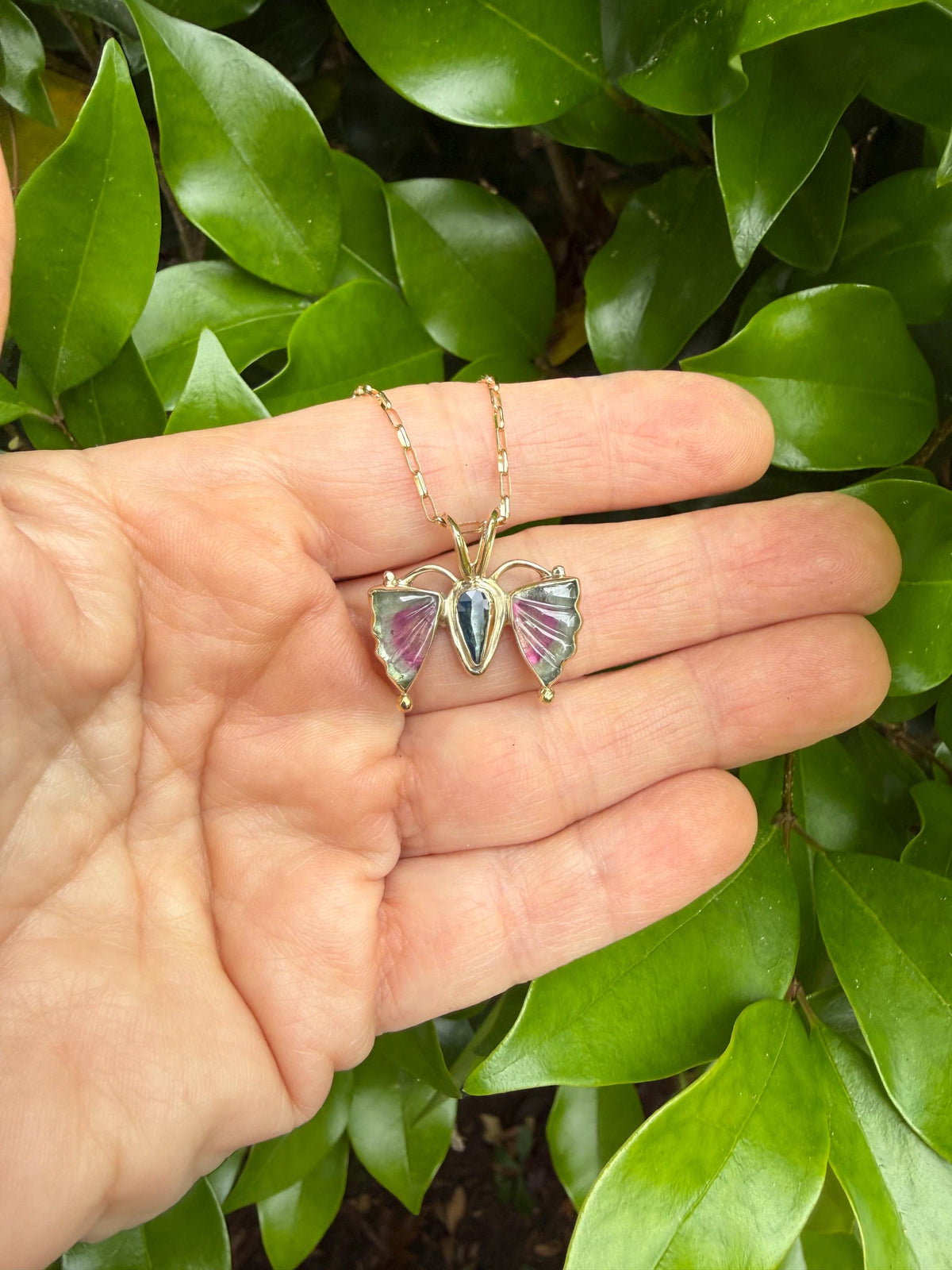 Watermelon Tourmaline Butterfly in 14k Gold and Sterling Silver