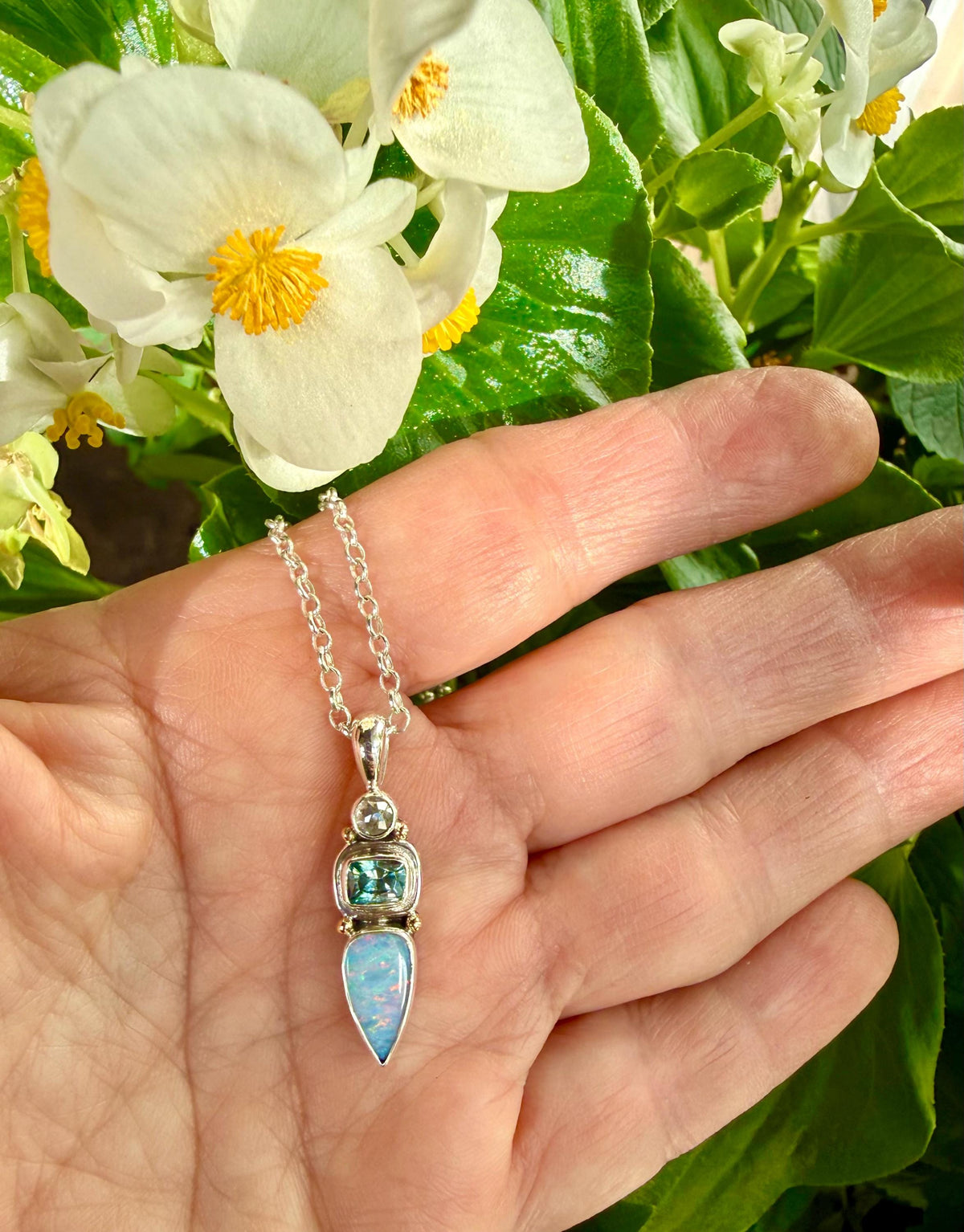 Australian Opal, Aquamarine and Diamond Pendant in Sterling Silver