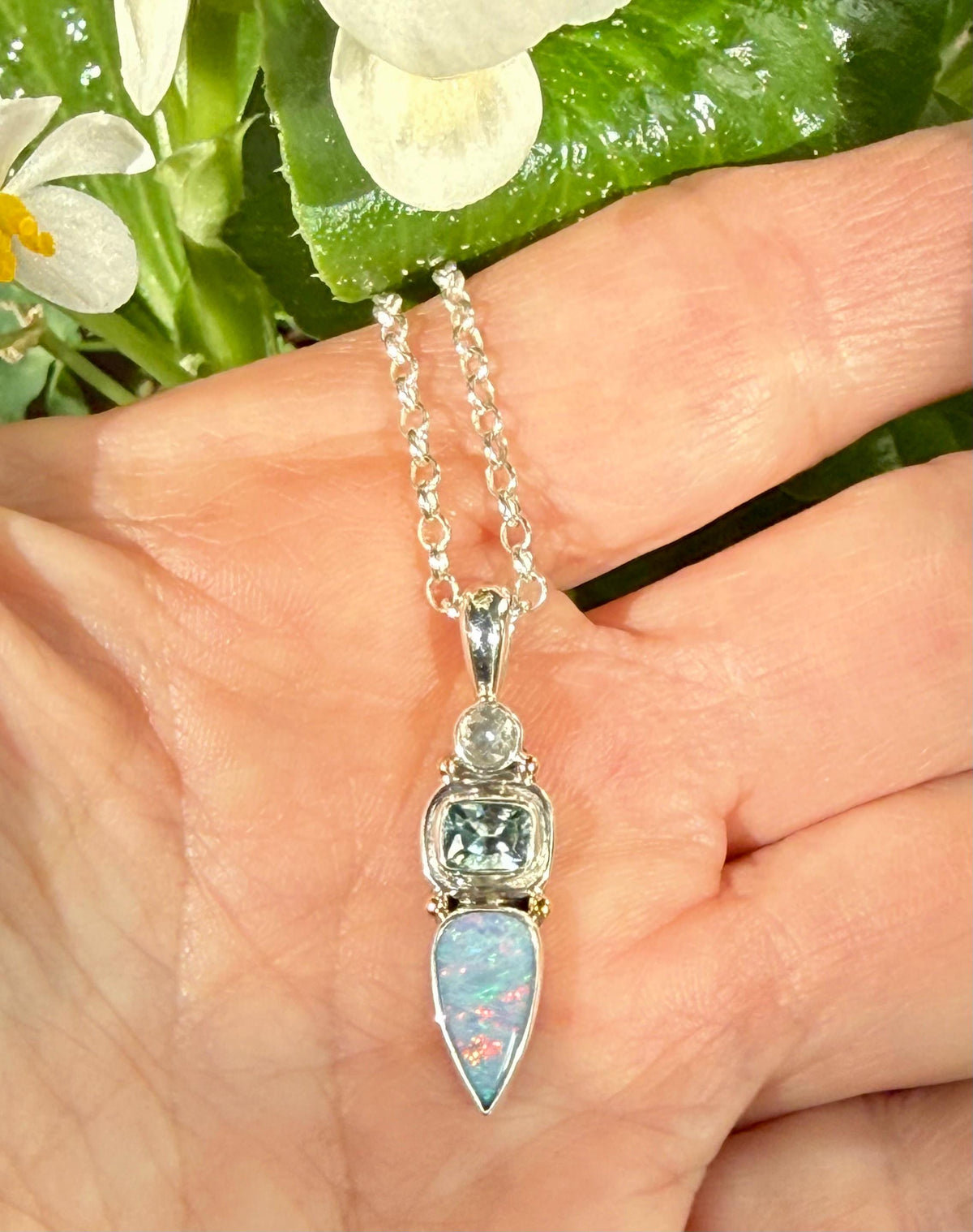 Australian Opal, Aquamarine and Diamond Pendant in Sterling Silver