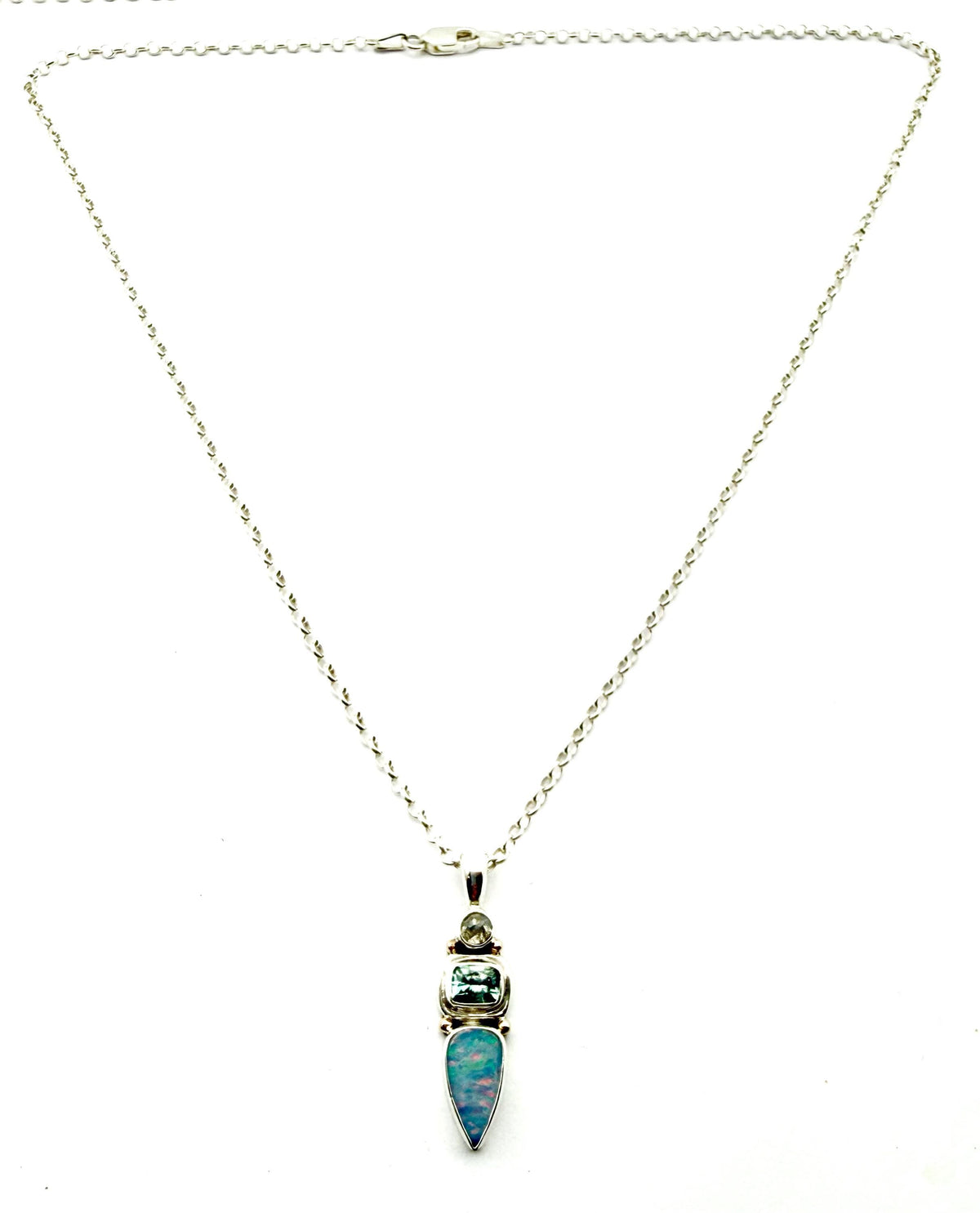 Australian Opal, Aquamarine and Diamond Pendant in Sterling Silver
