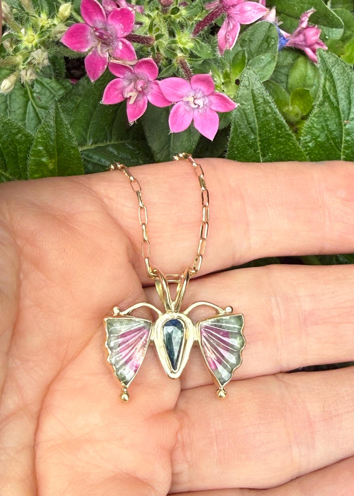 Watermelon Tourmaline Butterfly in 14k Gold and Sterling Silver