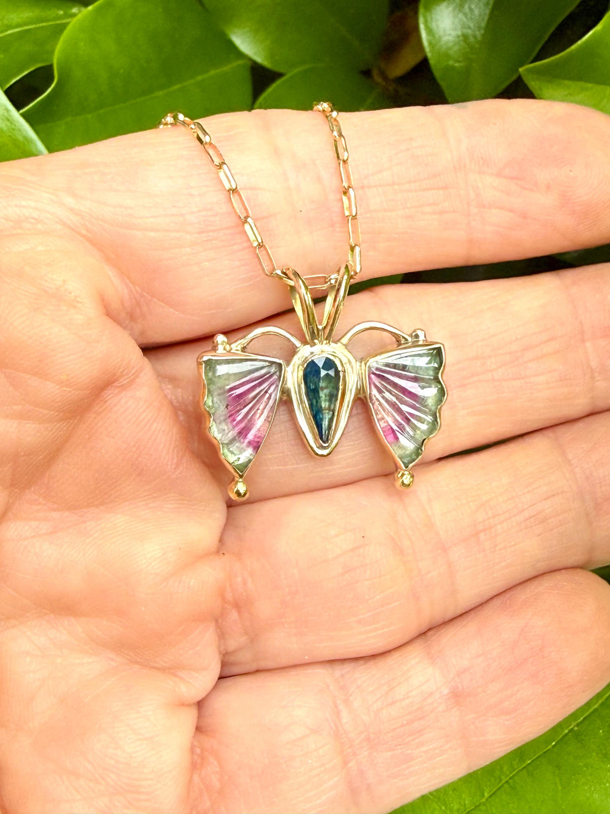 Watermelon Tourmaline Butterfly in 14k Gold and Sterling Silver