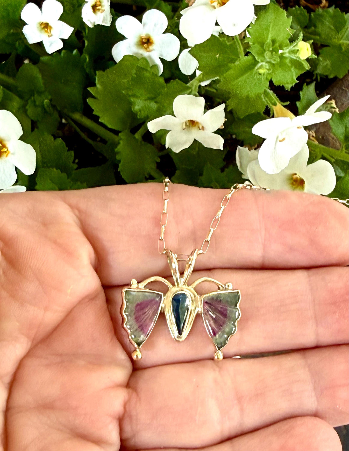 Watermelon Tourmaline Butterfly in 14k Gold and Sterling Silver