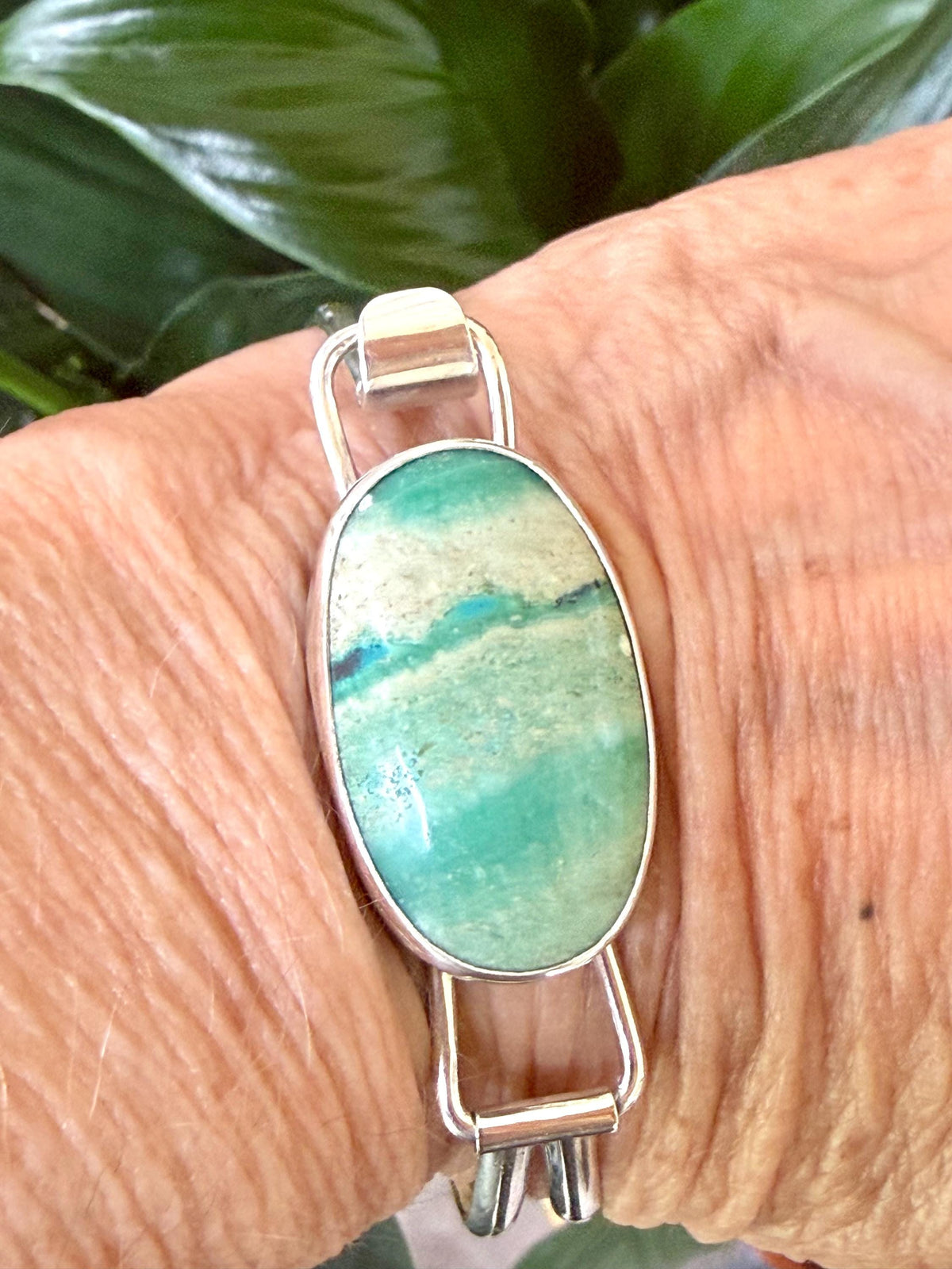 Indonesian Opal Bracelet in Sterling Silver, Bangle with Scenic Stone