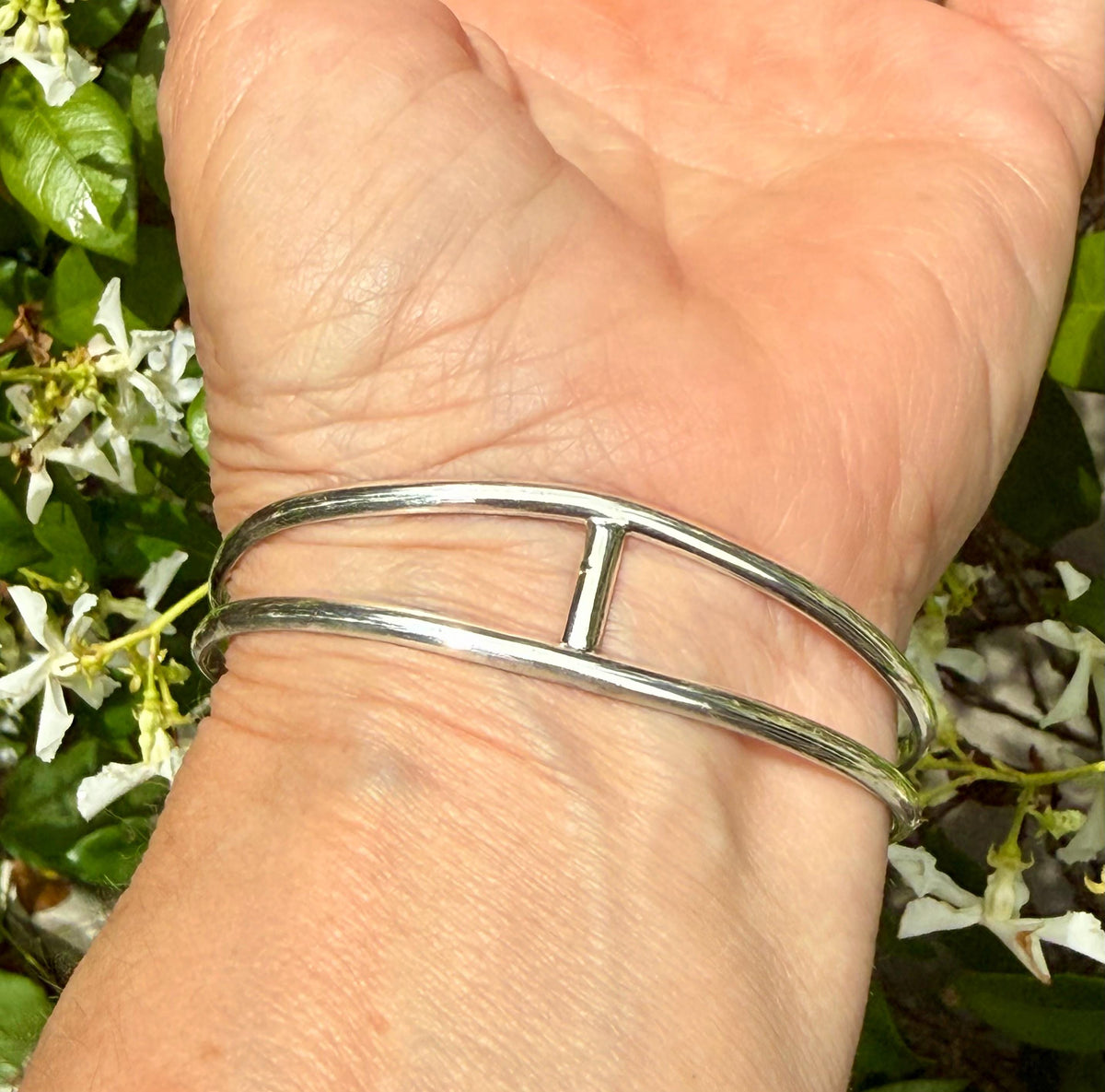Indonesian Opal Bracelet in Sterling Silver, Bangle with Scenic Stone