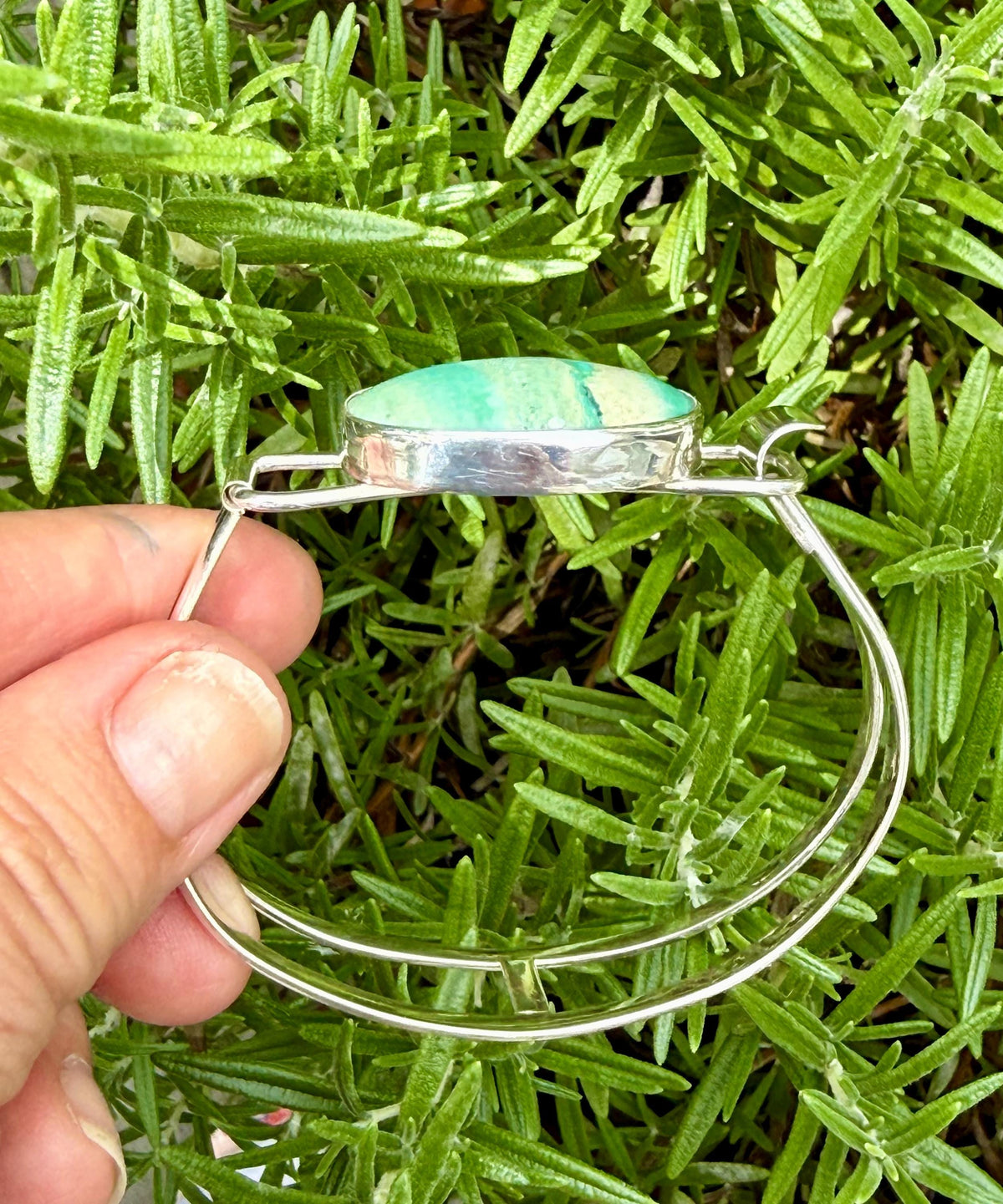 Indonesian Opal Bracelet in Sterling Silver, Bangle with Scenic Stone