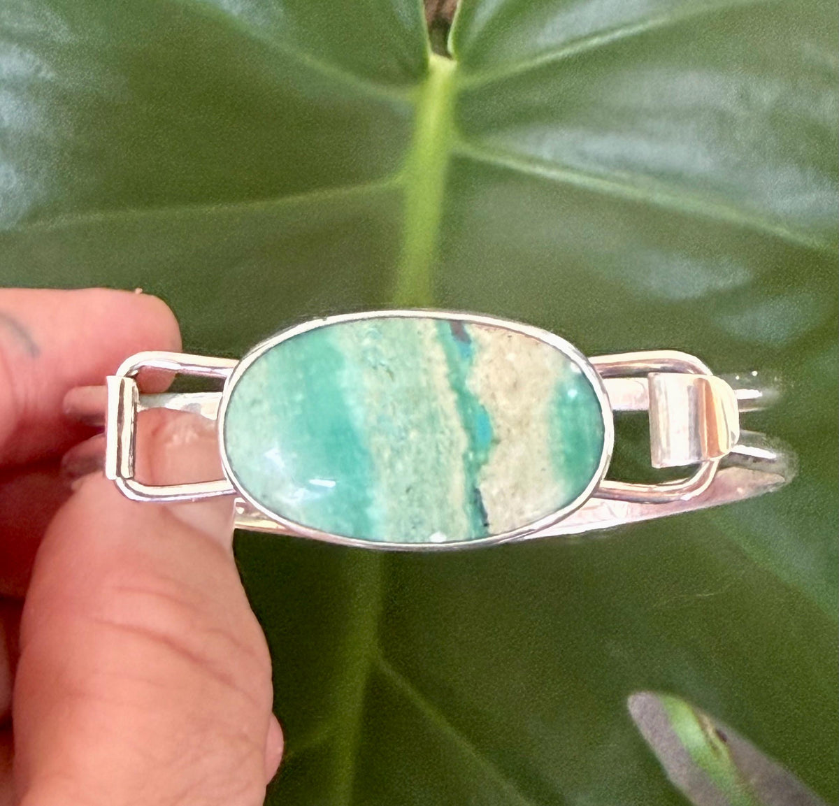 Indonesian Opal Bracelet in Sterling Silver, Bangle with Scenic Stone