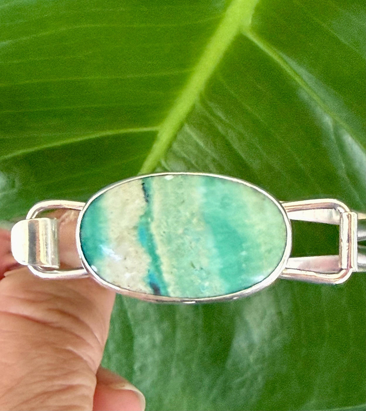 Indonesian Opal Bracelet in Sterling Silver, Bangle with Scenic Stone