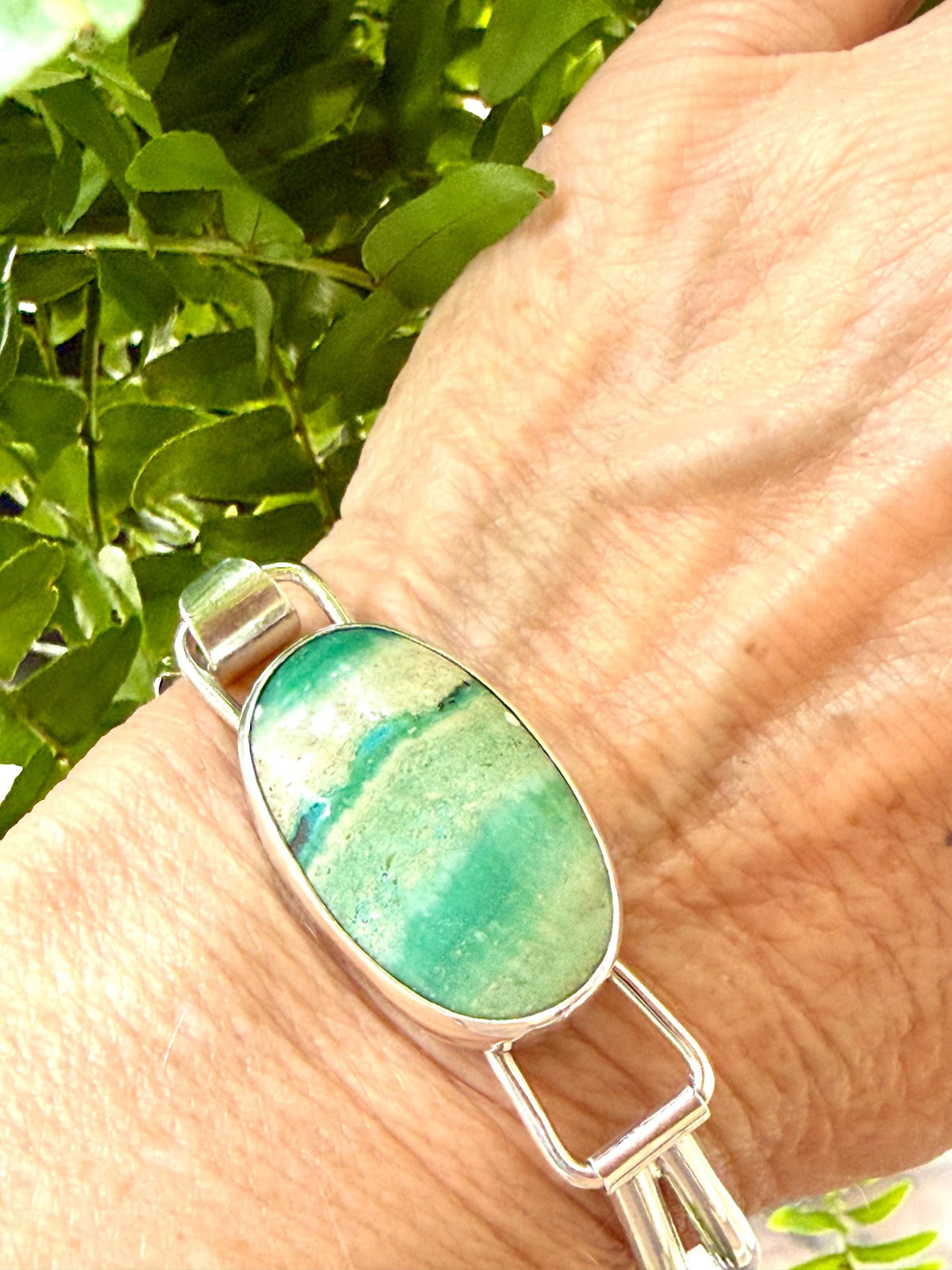 Indonesian Opal Bracelet in Sterling Silver, Bangle with Scenic Stone